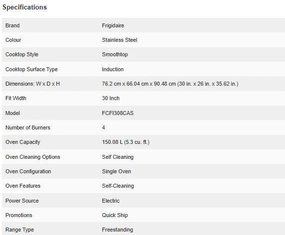 FRIGIDAIRE 30 IN. 5.3 CU. FT. STAINLESS STEEL FREESTANDING INDUCTION RANGE WITH CONVECTION BAKE - FCFI308CAS - Inhomebuy