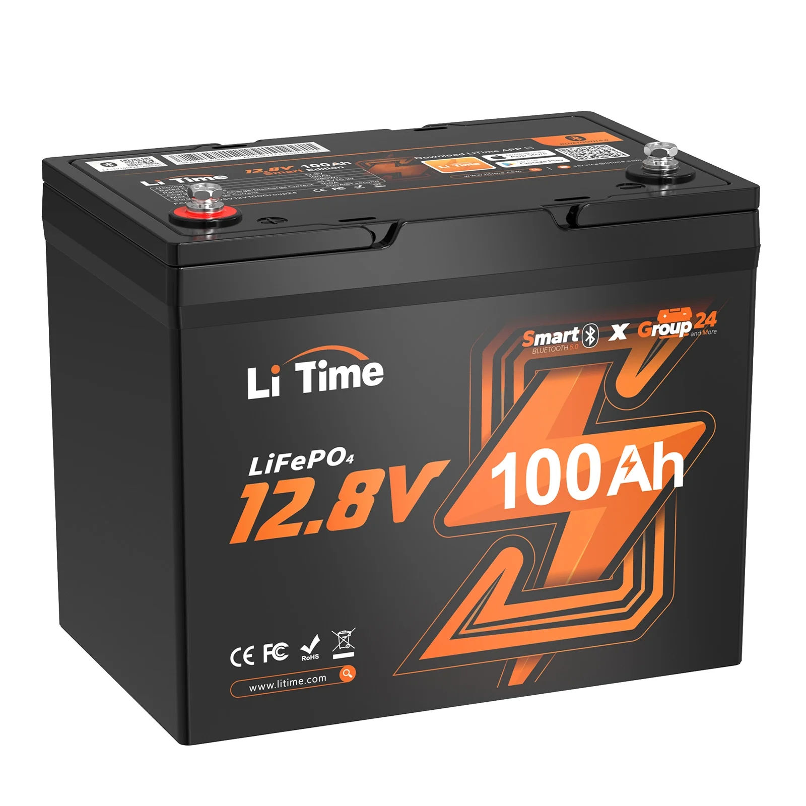 LiTime 12V 100Ah Group 24 Bluetooth LiFePO4 Lithium Deep Cycle Battery Low-Temp Cut-Off 100A BMS 1280Wh Energy - Inhomebuy