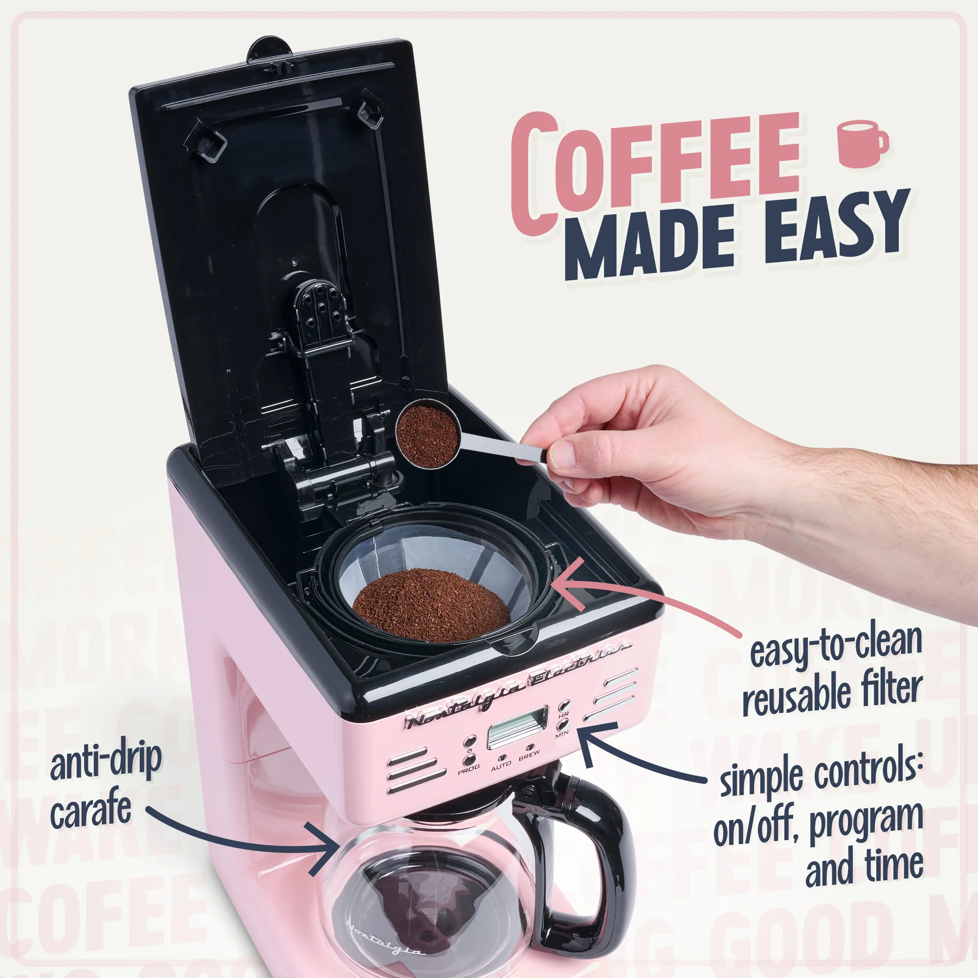 Retro 12-Cup Coffee Maker, Pink - Inhomebuy