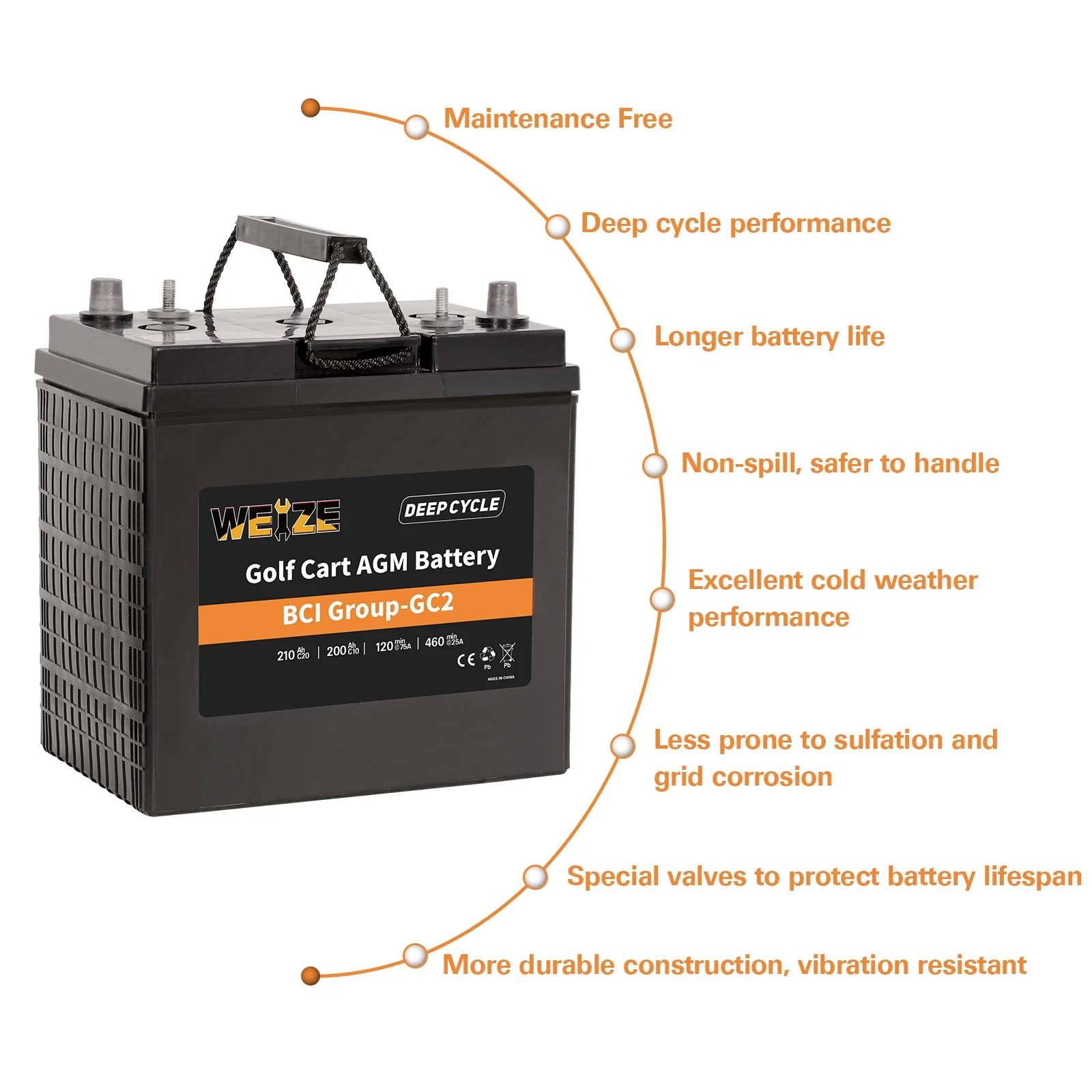 Weize Golf Cart Battery, 6V 210ah BCI Group GC2 Deep Cycle AGM Scrubber Battery - Inhomebuy