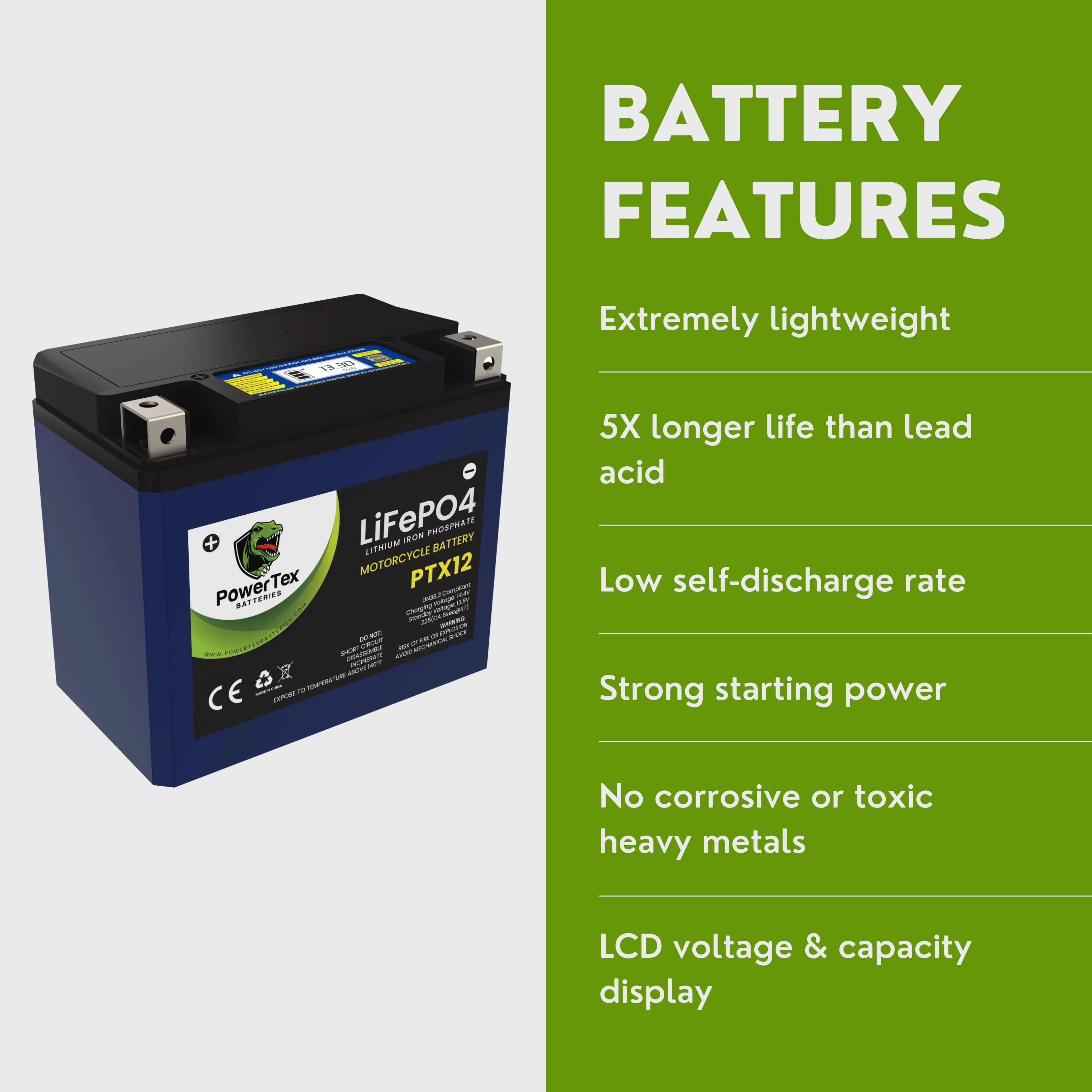 PowerTex Batteries YTX12-BS Lithium Iron Phosphate LiFePO4 Motorcycle Battery with 225 CA, Voltage Display, Lightweight, 5-10 Year Lifespan - Fast Charging SLA Drop-In Rechargeable Replacement - Inhomebuy