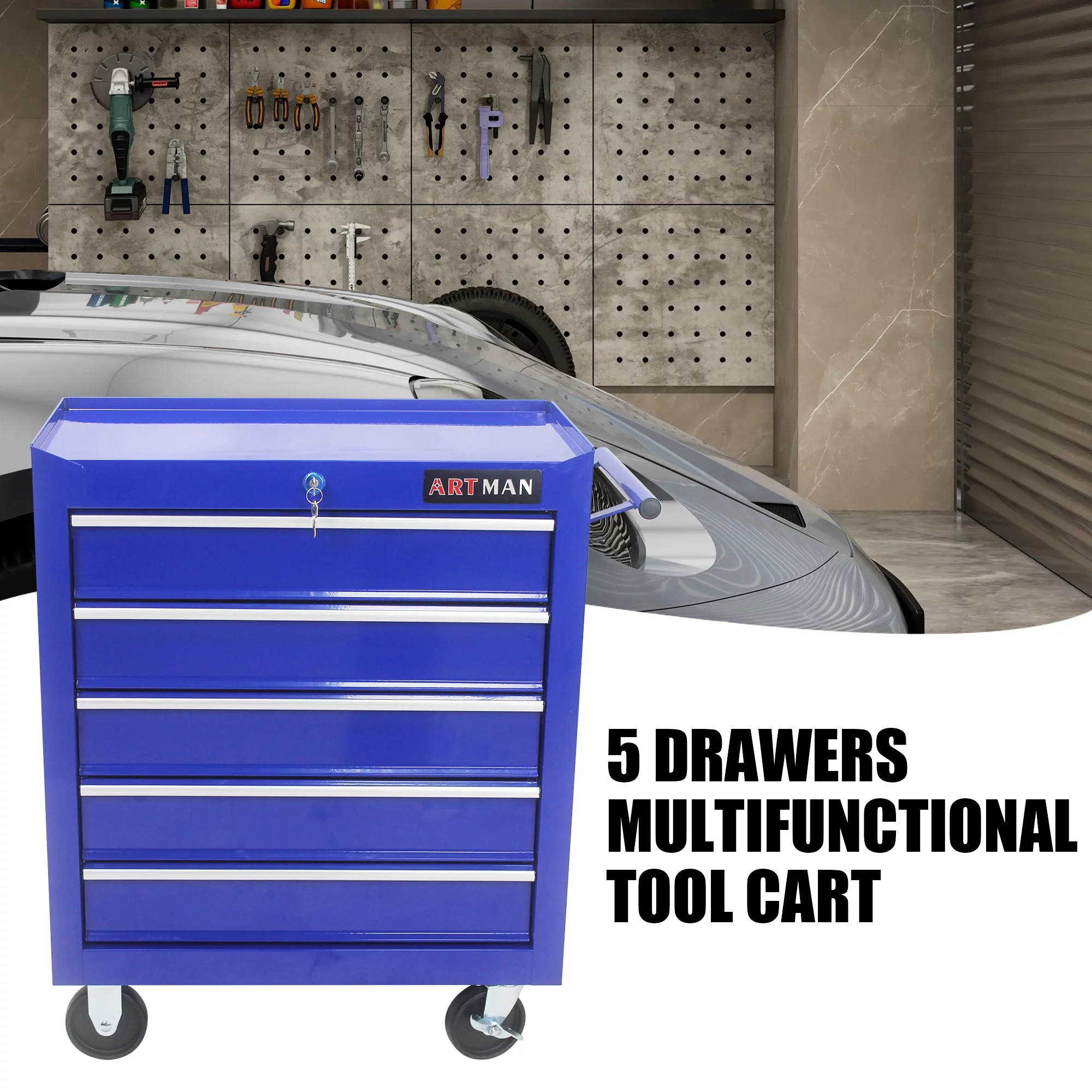 5 Drawers Rolling Tool Chest Cabinet with Wheels, Tool Storage Cabinet and Tool Cart Organizer for Garage Warehouse Workshop, Blue - Inhomebuy