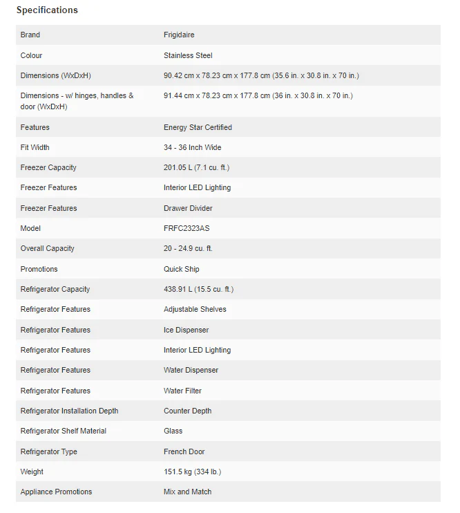 FRIGIDAIRE 36 IN. 22.6 CU FT. STAINLESS STEEL COUNTER-DEPTH FRENCH DOOR REFRIGERATOR - FRFC2323AS - Inhomebuy