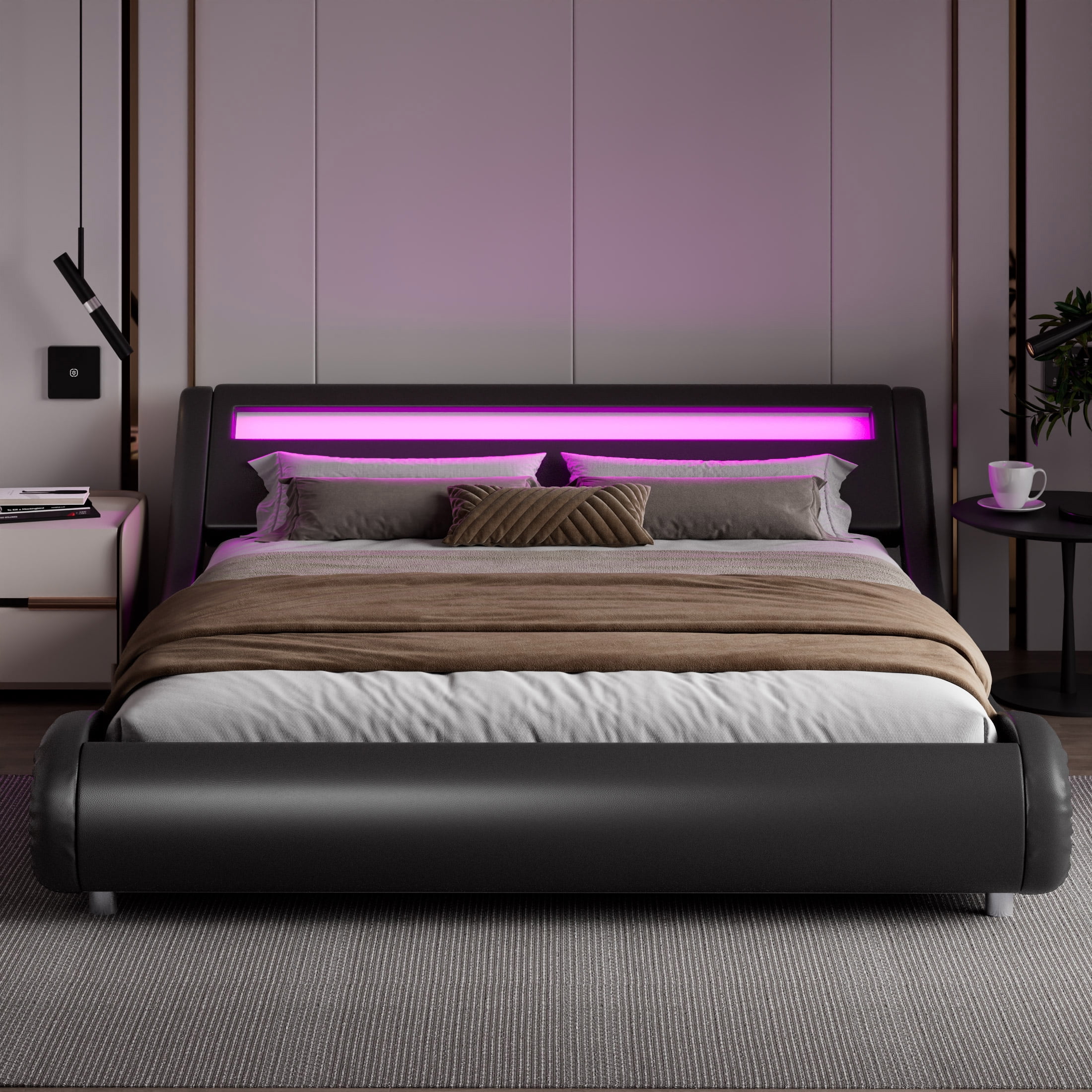 Amolife Queen Size Wave-Like Curve Deluxe Upholstered Modern Bed Frame with LED Headboard, Black - Inhomebuy