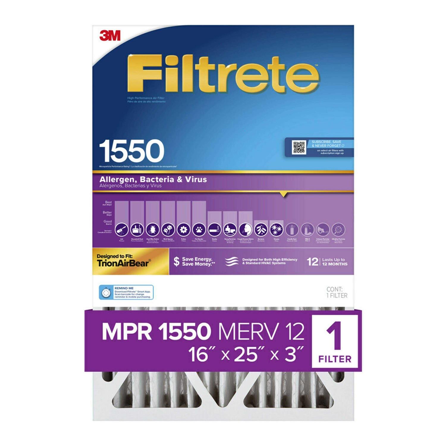 Filtrete 1-in 12 MERV 1500 MPR Allergen, Bacteria and Virus Electrostatic Pleated Air Filter - Inhomebuy