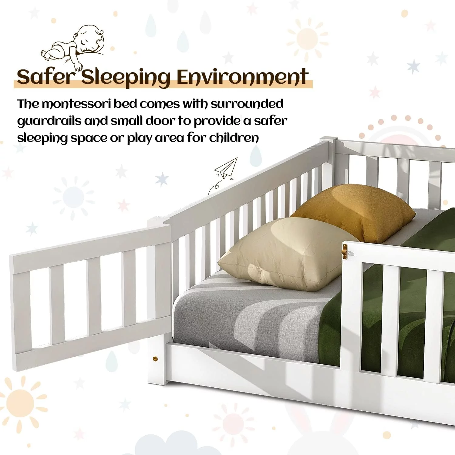 Twin Floor Bed Frame for Toddler, Montessori Floor Bed with Fence and Wood Slats, Low Wood Platform Beds for Girls Boys Kids Happy Time, White - Inhomebuy