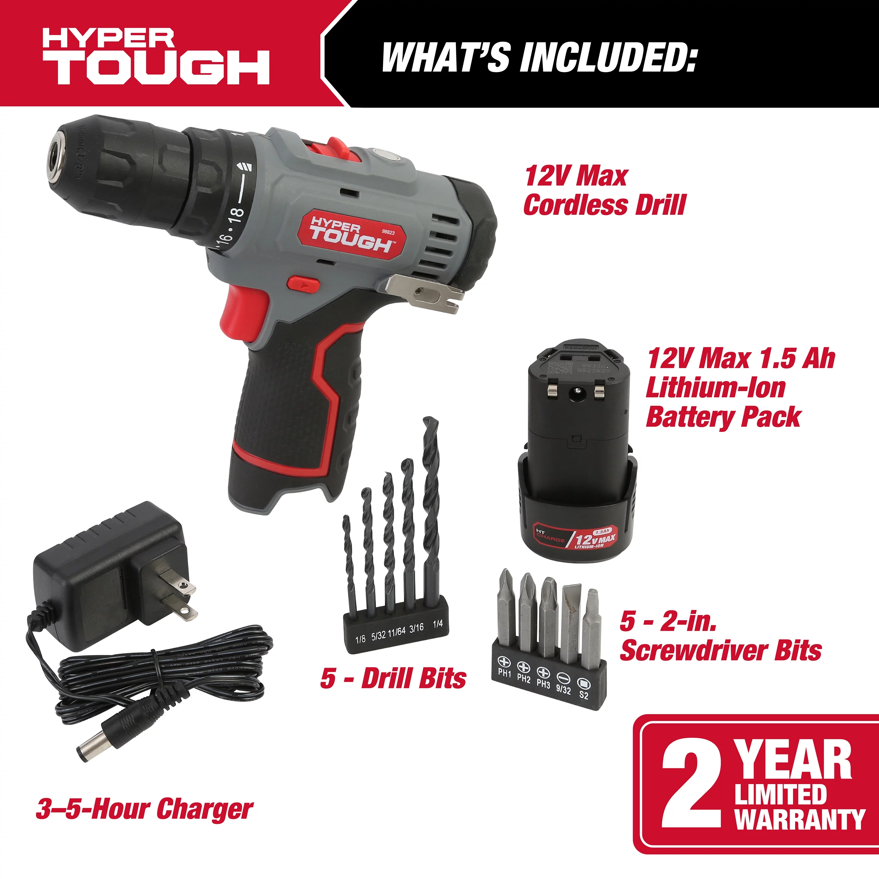 Hyper Tough 12V Max Lithium-Ion Cordless 2-Speed Drill Driver with 1.5Ah Battery and Charger, Model 98823 - Inhomebuy