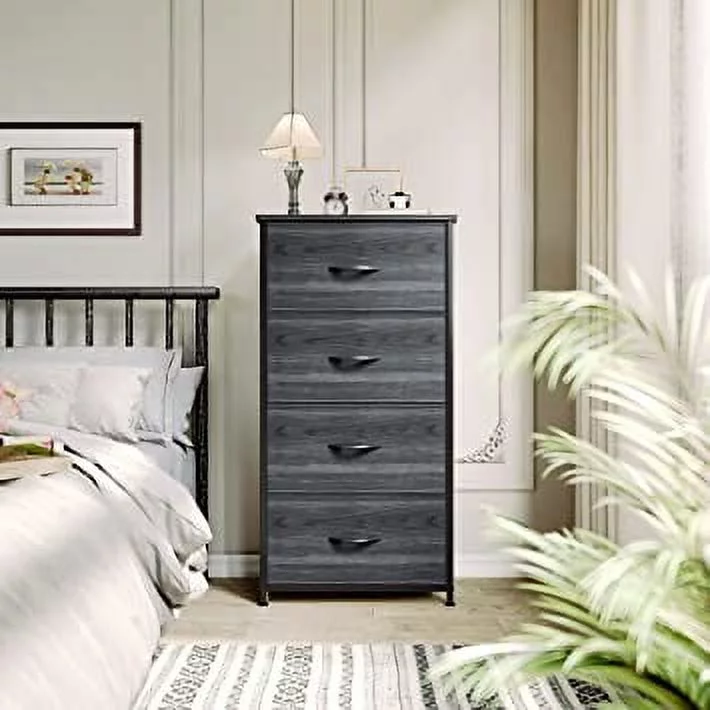 YINTATECH 4-Drawer Dresser - Fabric Storage Tower, Organizer Unit for Bedroom, Hallway, Living Room, Fabric Bins, Charcoal Black Wood Grain - Inhomebuy