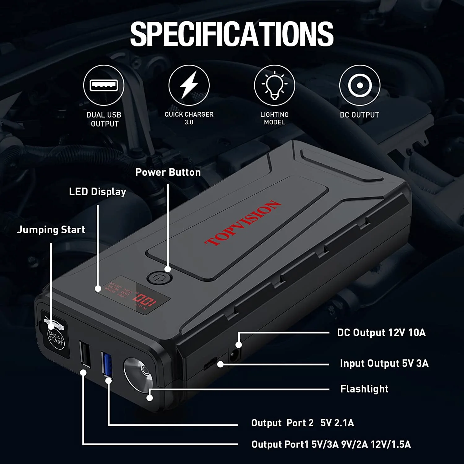 TOPVISION 2500A Car Jump starter Powerful Car Jump Starter with Dual USB Quick Charge and DC Output,12V Jump Pack with Built-in LED Bright Light - Inhomebuy