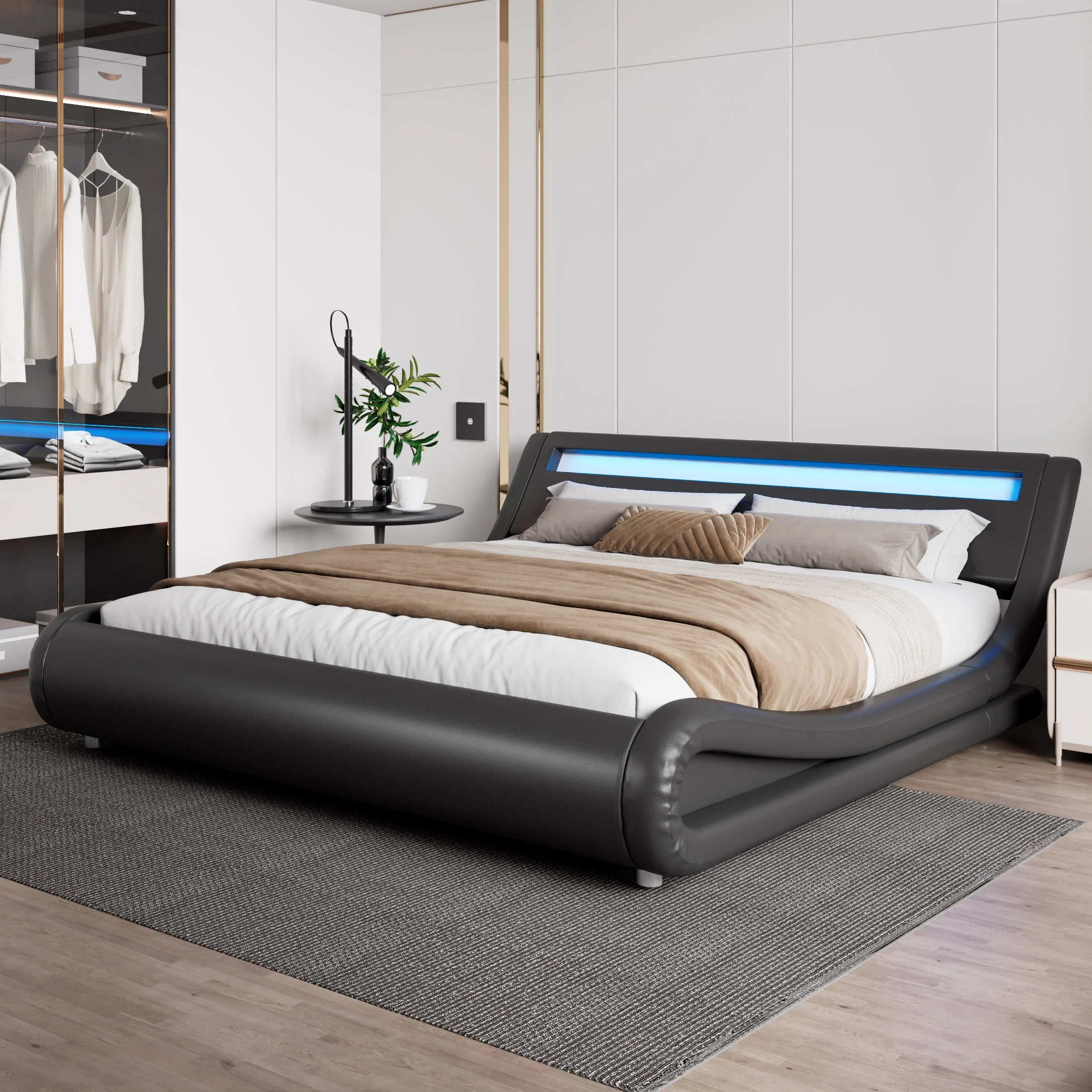 Amolife Queen Size Wave-Like Curve Deluxe Upholstered Modern Bed Frame with LED Headboard, Black - Inhomebuy