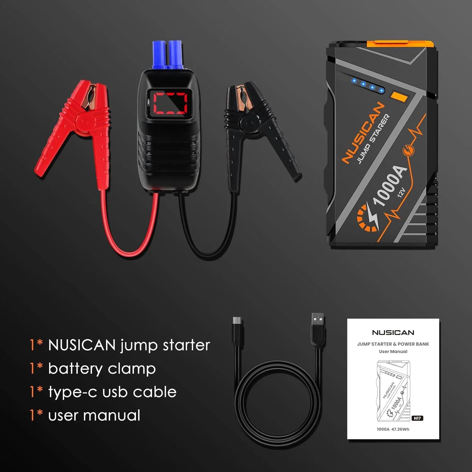 NUSICAN Car Battery Jump Starter, 1000A Peak 12V Auto Lithium Jump Starter, Portable Car Battery Booster Power Pack for up 7L Gas or 5.5L Diesel Engine, LED Flashlight & USB Quick Charge - Inhomebuy