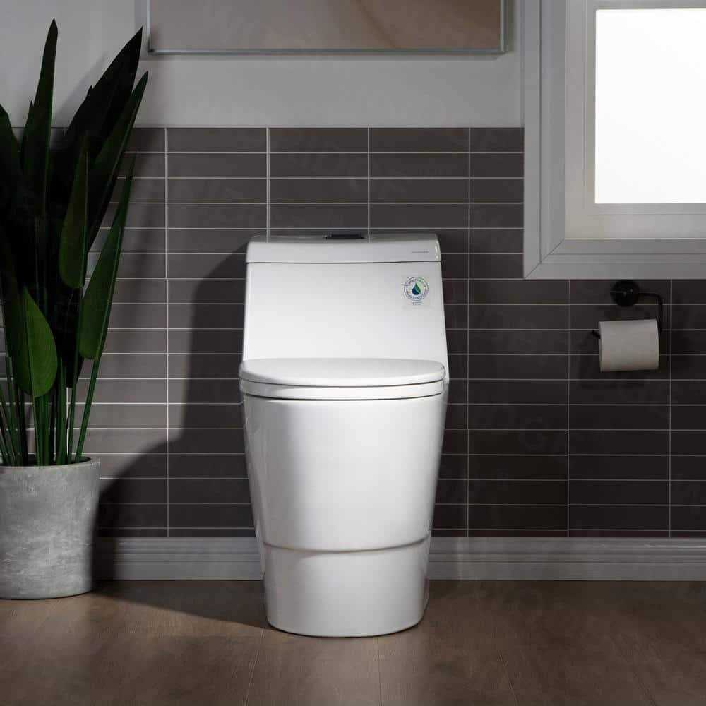 WOODBRIDGE 1-piece 1.28 GPF Conserver High Efficiency Dual Flush All-in-One Toilet with Soft Closed Seat Included in White - Inhomebuy