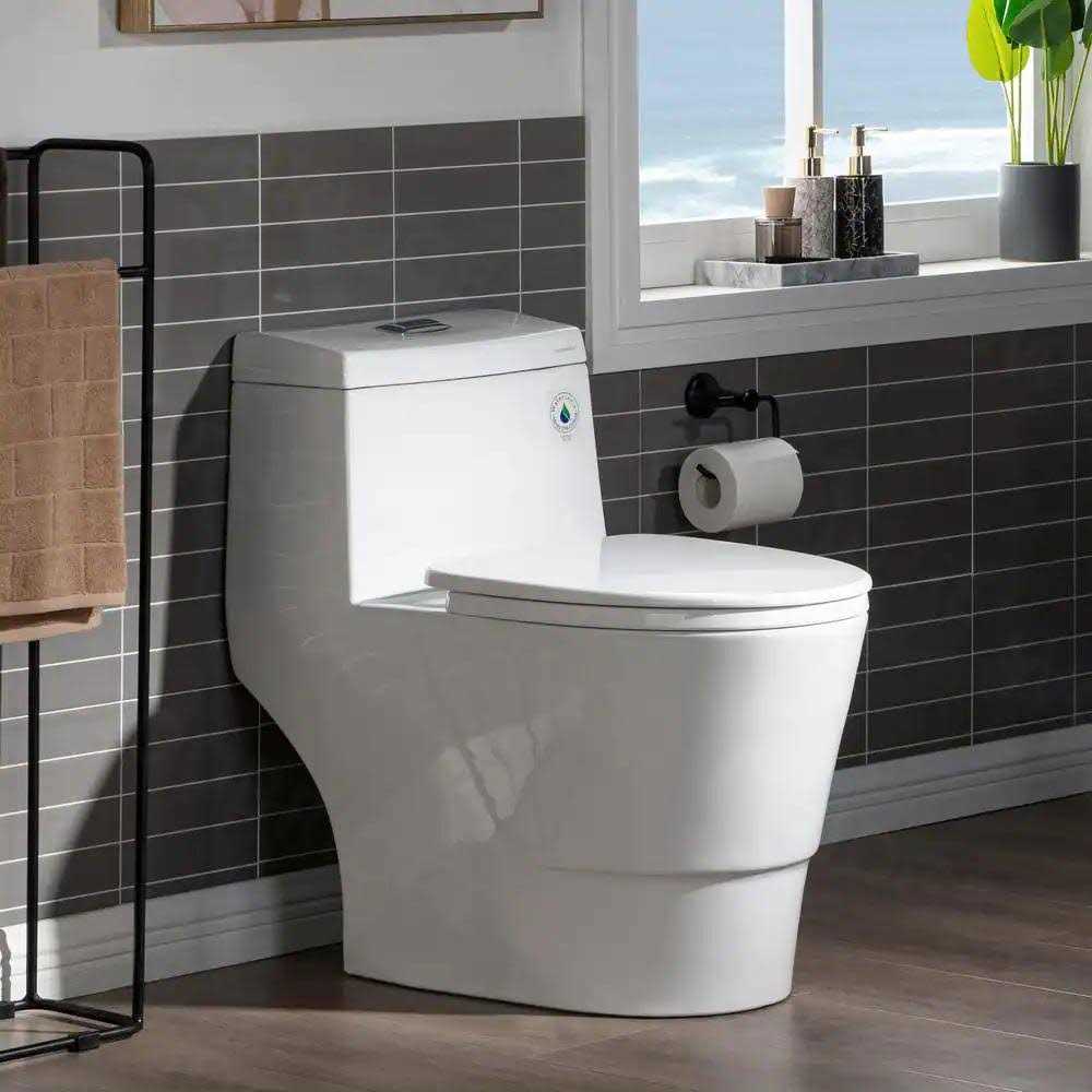 WOODBRIDGE 1-piece 1.28 GPF Conserver High Efficiency Dual Flush All-in-One Toilet with Soft Closed Seat Included in White - Inhomebuy
