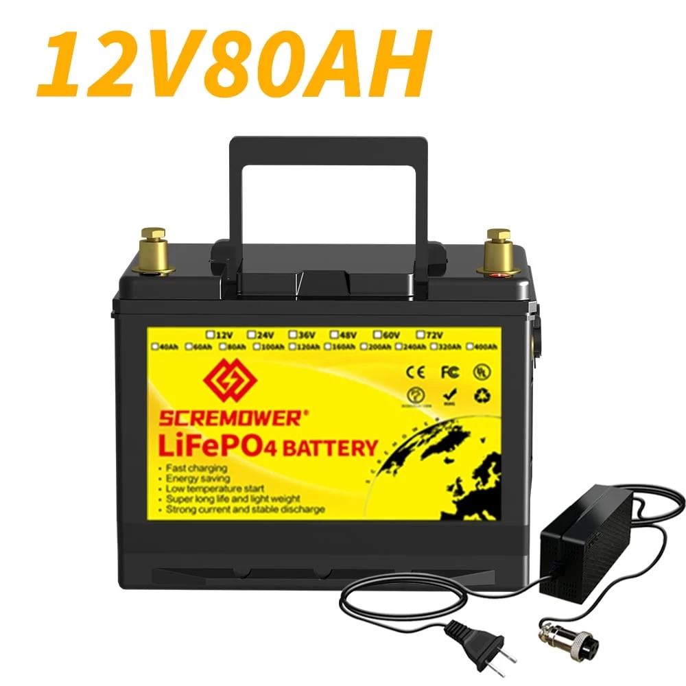 LiFePO4 12V 80AH Lithium Iron Battery Built-in 100A BMS for RV, Kids Ride on Car,Golf Cart - Inhomebuy