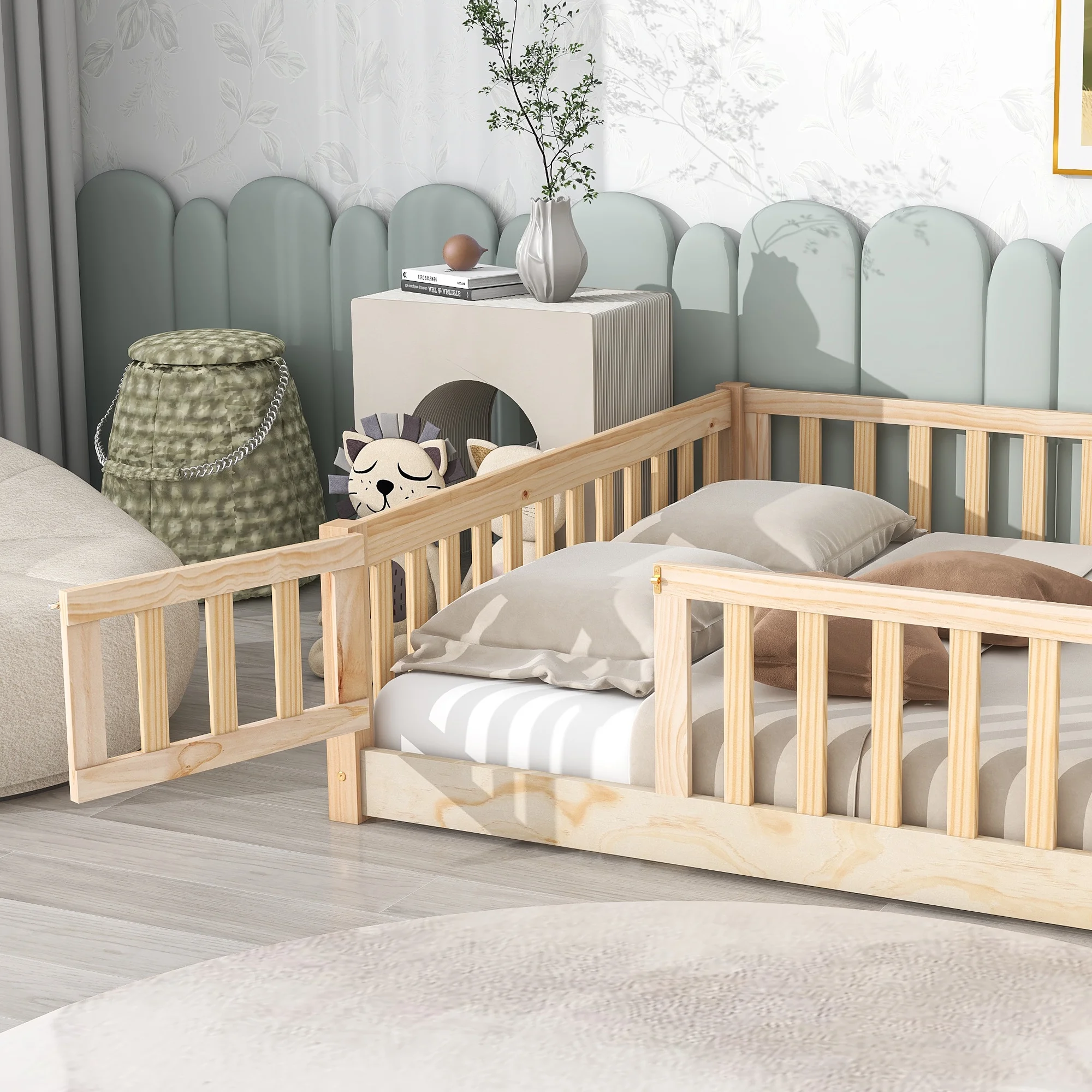 uhomepro Kids Toddler Bed with Fence and Door, Full Size Platform Bed Floor Bed, Wood Bed Frame No Box Spring Needed, Gray - Inhomebuy