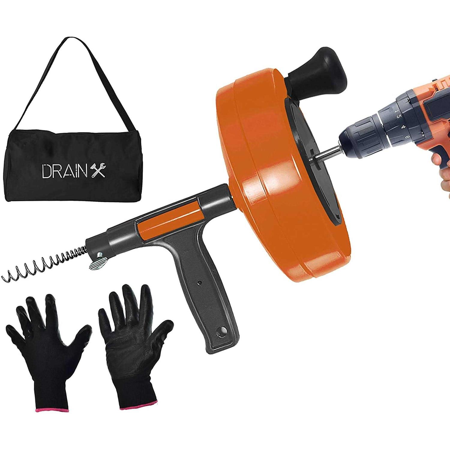 Drainx Heavy-Duty-Steel Pro Drum Drain Auger, 25 Ft., with Work Gloves and Carrying Pouch - Inhomebuy