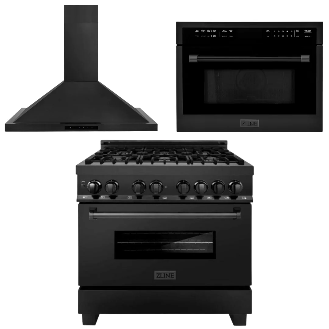 ZLINE Appliance Package - 36 in. Dual Fuel Range, Range Hood, Microwave Oven in Black Stainless Steel, 3KP-RABRH36-MO - Inhomebuy