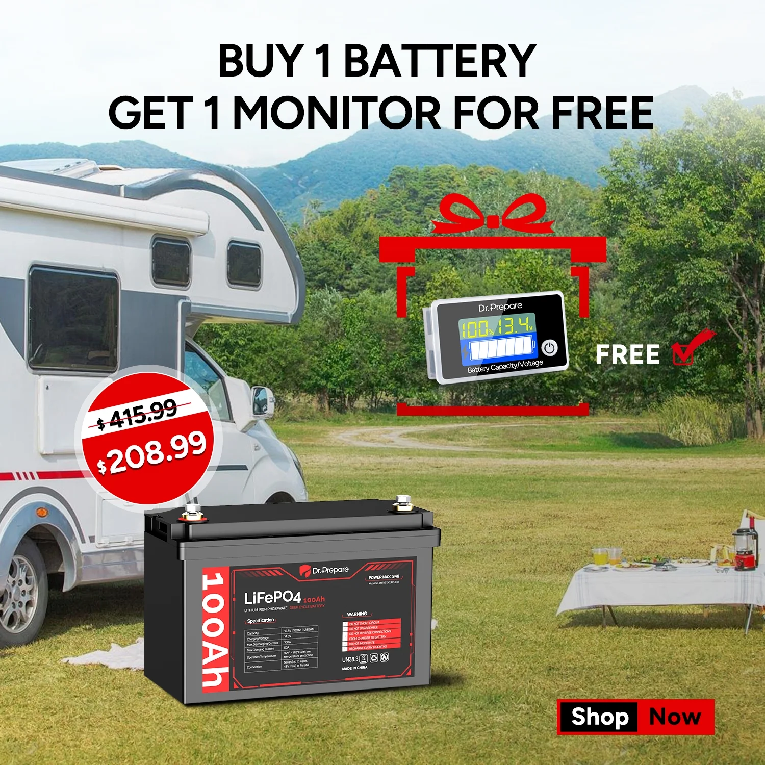 Dr. Prepare 100Ah LiFePO4 Lithium Deep Cycle Battery w/Battery Capacity Voltage Monitor for RV/Boat/Off-grid Cabin - Inhomebuy