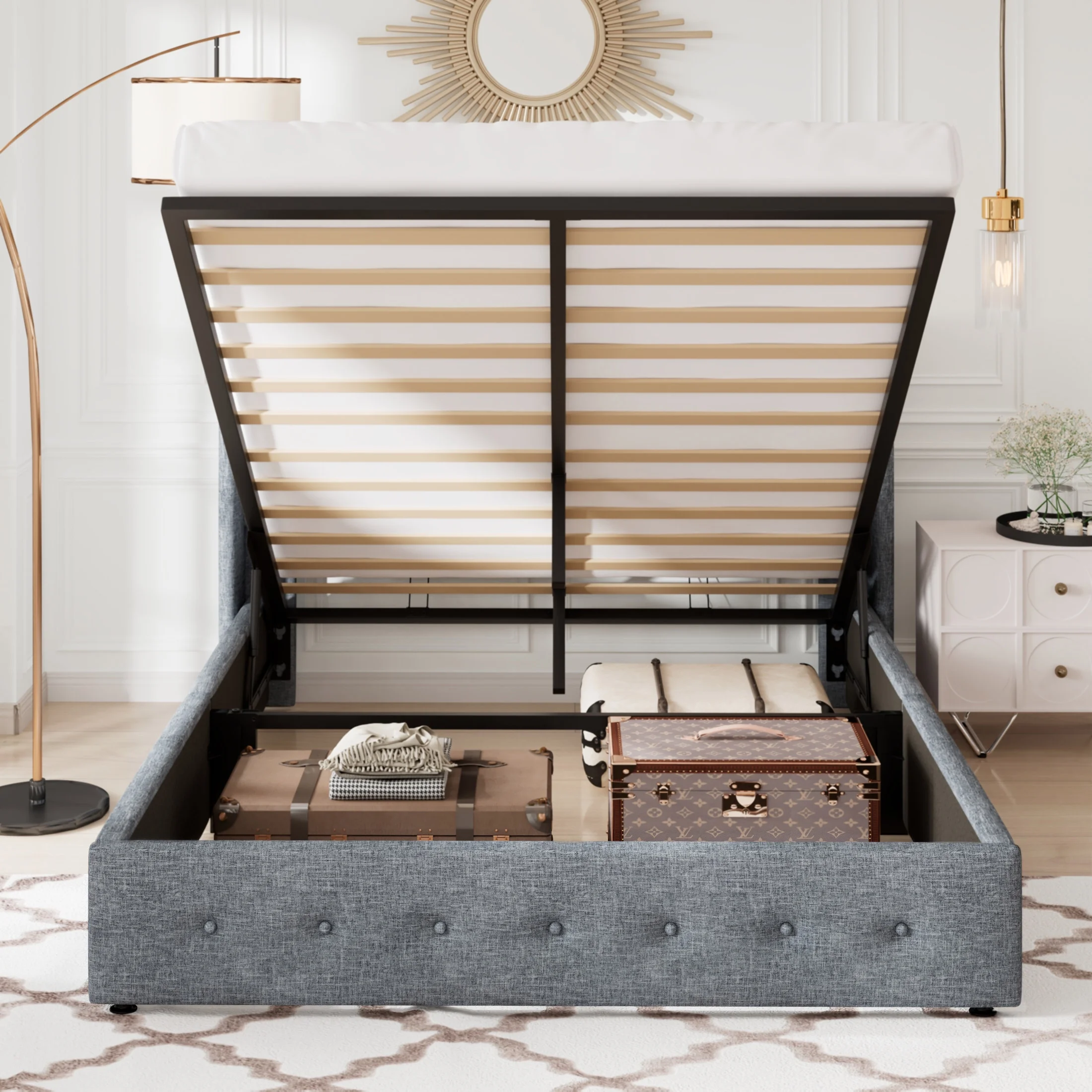 Allewie Queen Size Lift Up Platform Storage Bed Frame with Pannel Wingback Headboard, Light Beige - Inhomebuy