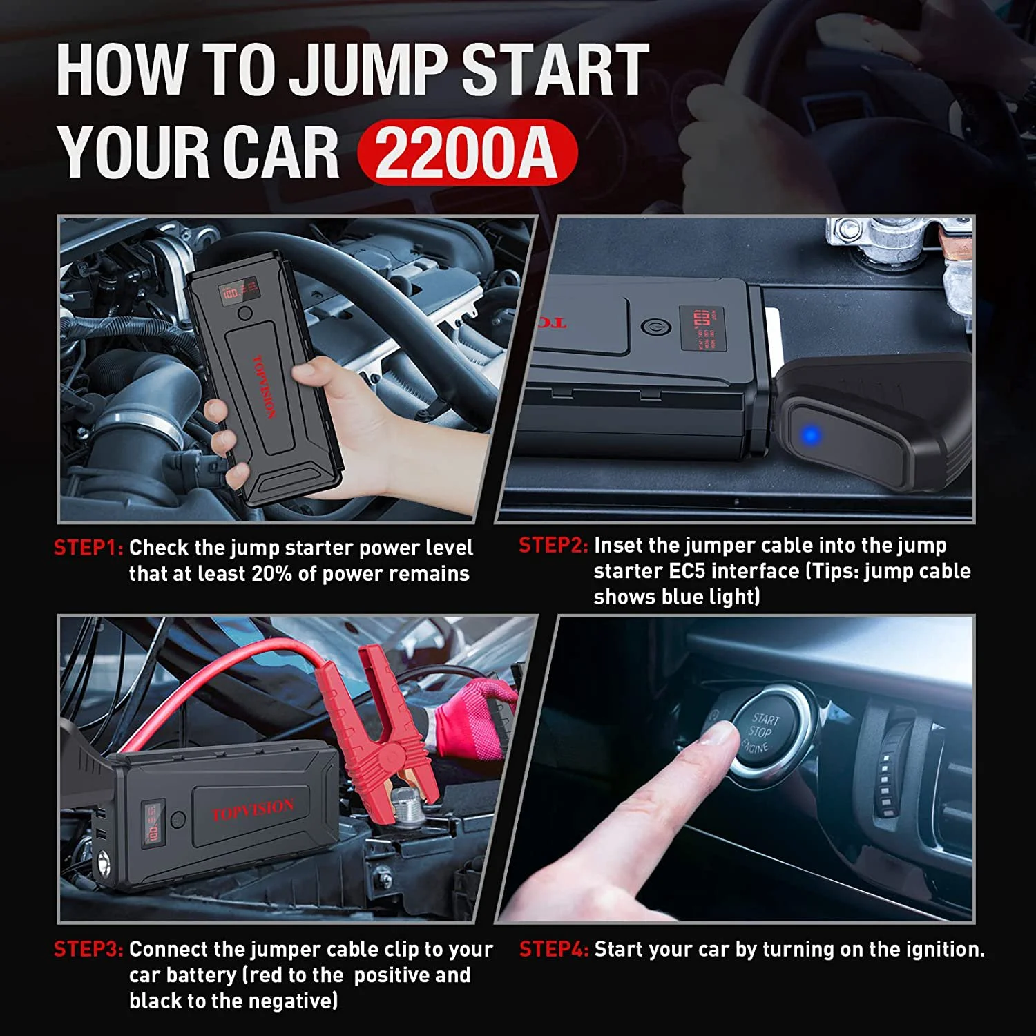 TOPVISION 2500A Car Jump starter Powerful Car Jump Starter with Dual USB Quick Charge and DC Output,12V Jump Pack with Built-in LED Bright Light - Inhomebuy