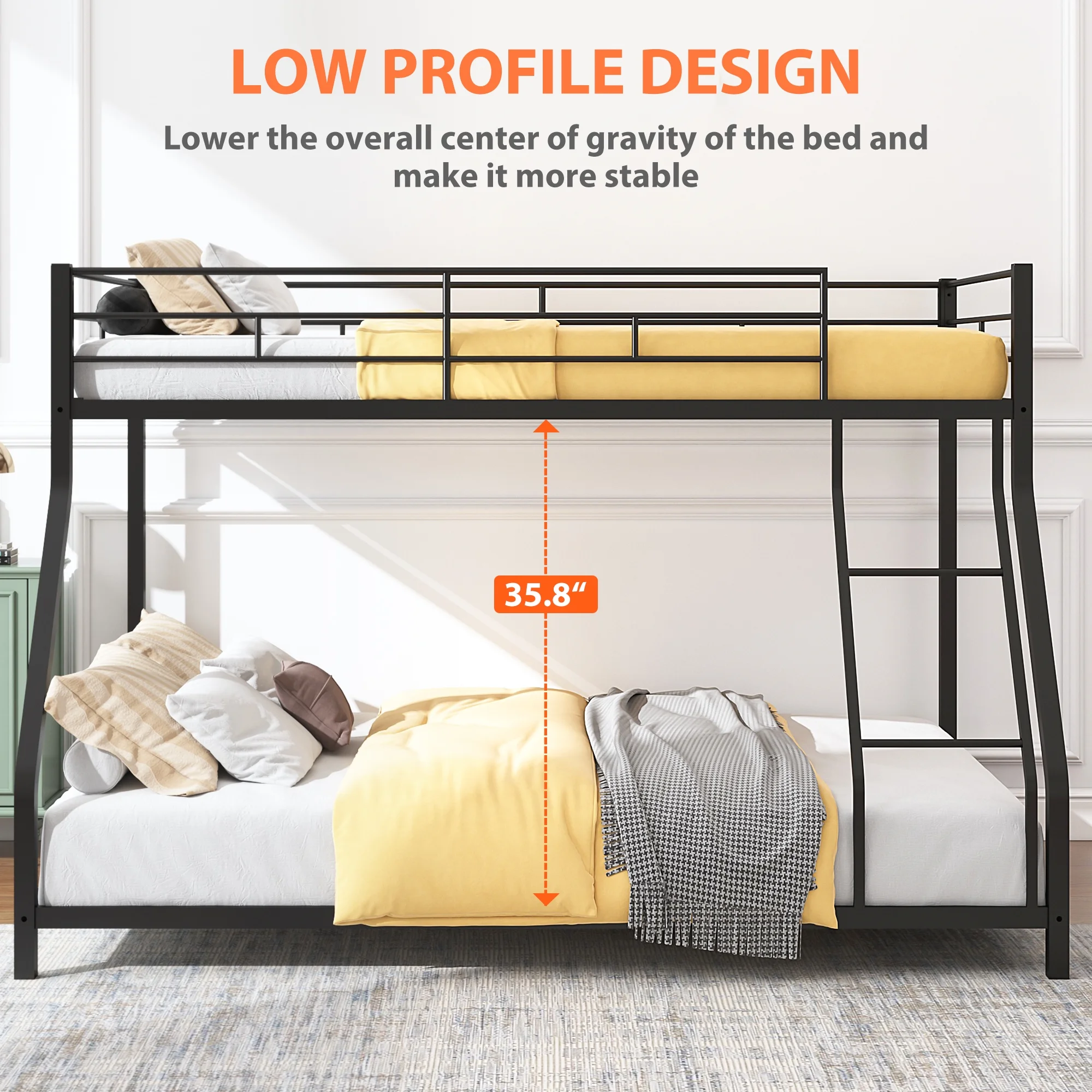 Twin Over Full Bunk Bed, Heavy-duty Metal Bunk Beds Twin Over Full Size, Low Profile Metal Bunk Bed, Space-saving Bunkbeds Frame for Kids Teens, Modern Kids Furniture, No Spring Box Need, Black - Inhomebuy