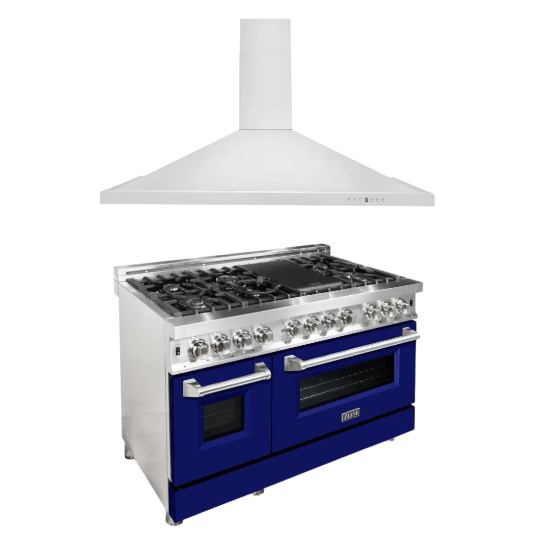 ZLINE 48 in. Dual Fuel Range with Blue Matte Door & 48 in. Range Hood Appliance Package, 2KP-RABMRH48 - Inhomebuy