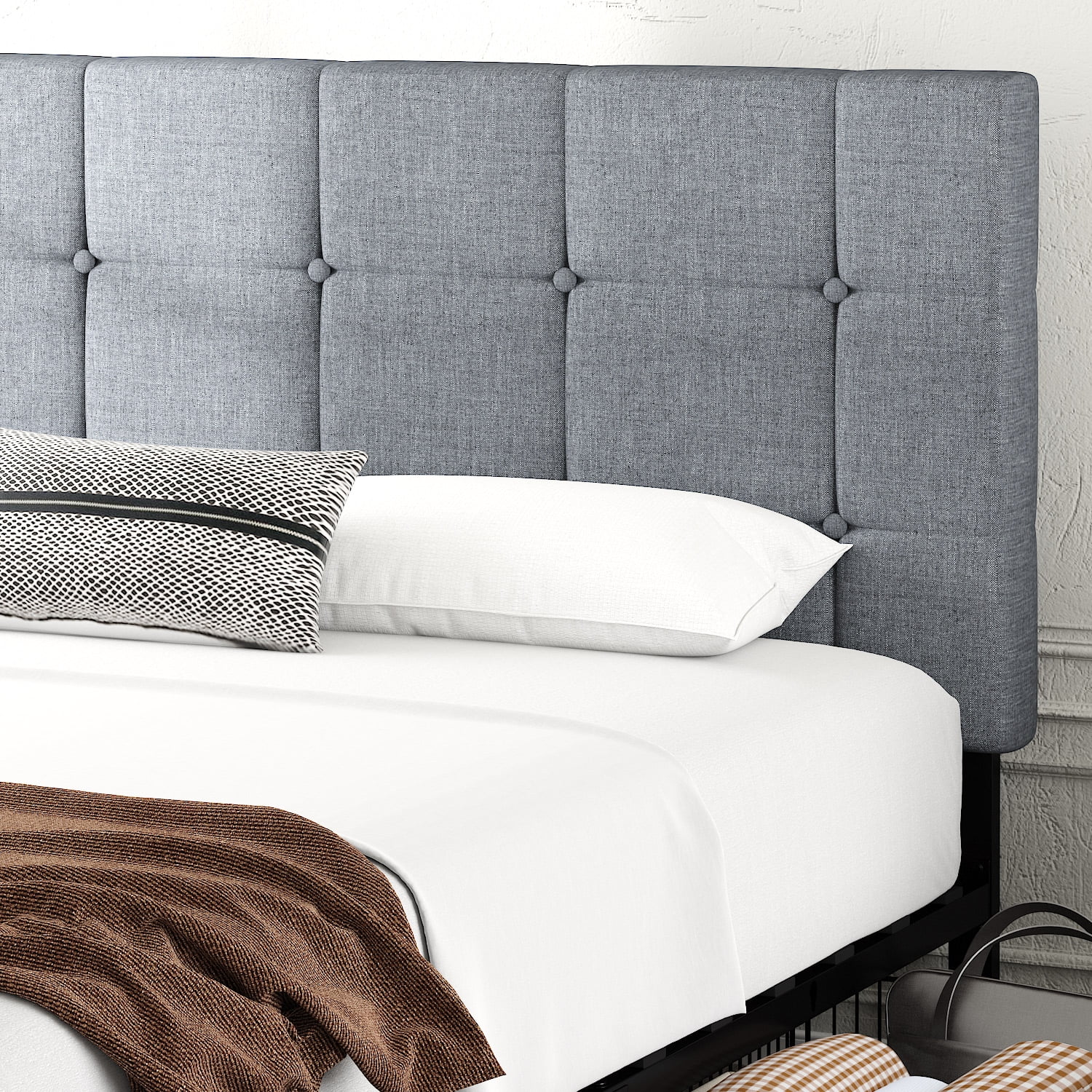 Amolife Queen Size Platform Bed Frame with Headboard and 4 Storage Drawers, Button Tufted Style, Dark Grey, Mattress Not Included - Inhomebuy
