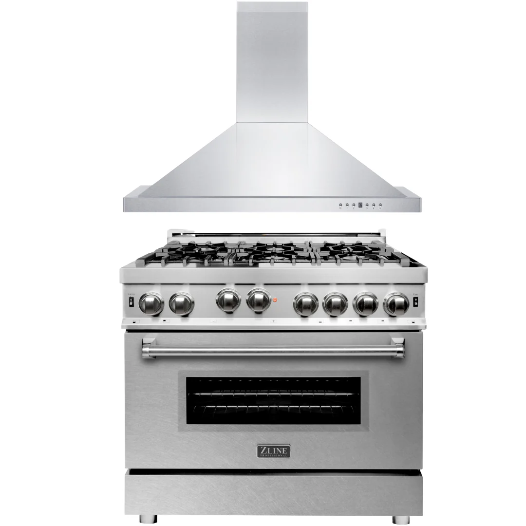 ZLINE 36 in. Gas Range with DuraSnow® Door & 36 in. Range Hood Appliance Package, 2KP-RGSNRH36 - Inhomebuy