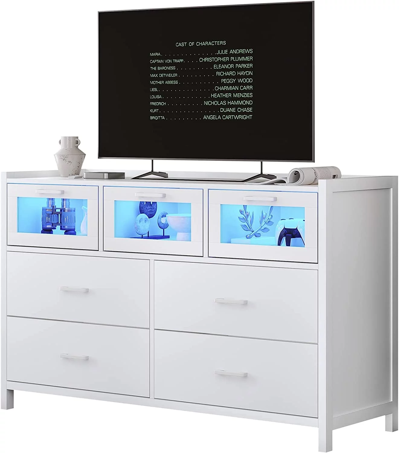 7 Drawer Dresser, Chest of Drawers with LED Lights, Wide Storage Organizer, Black Finish - Inhomebuy