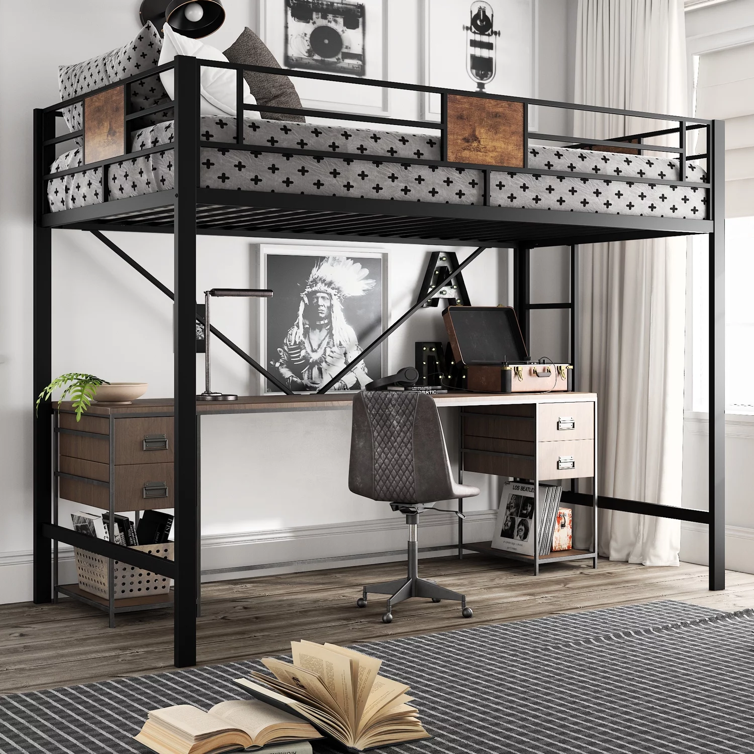 Amolife Metal Twin Size Loft Bed Frame with Stairs & Full-Length Guardrail, Rustic Wood, Black Frame (Desk not included) - Inhomebuy
