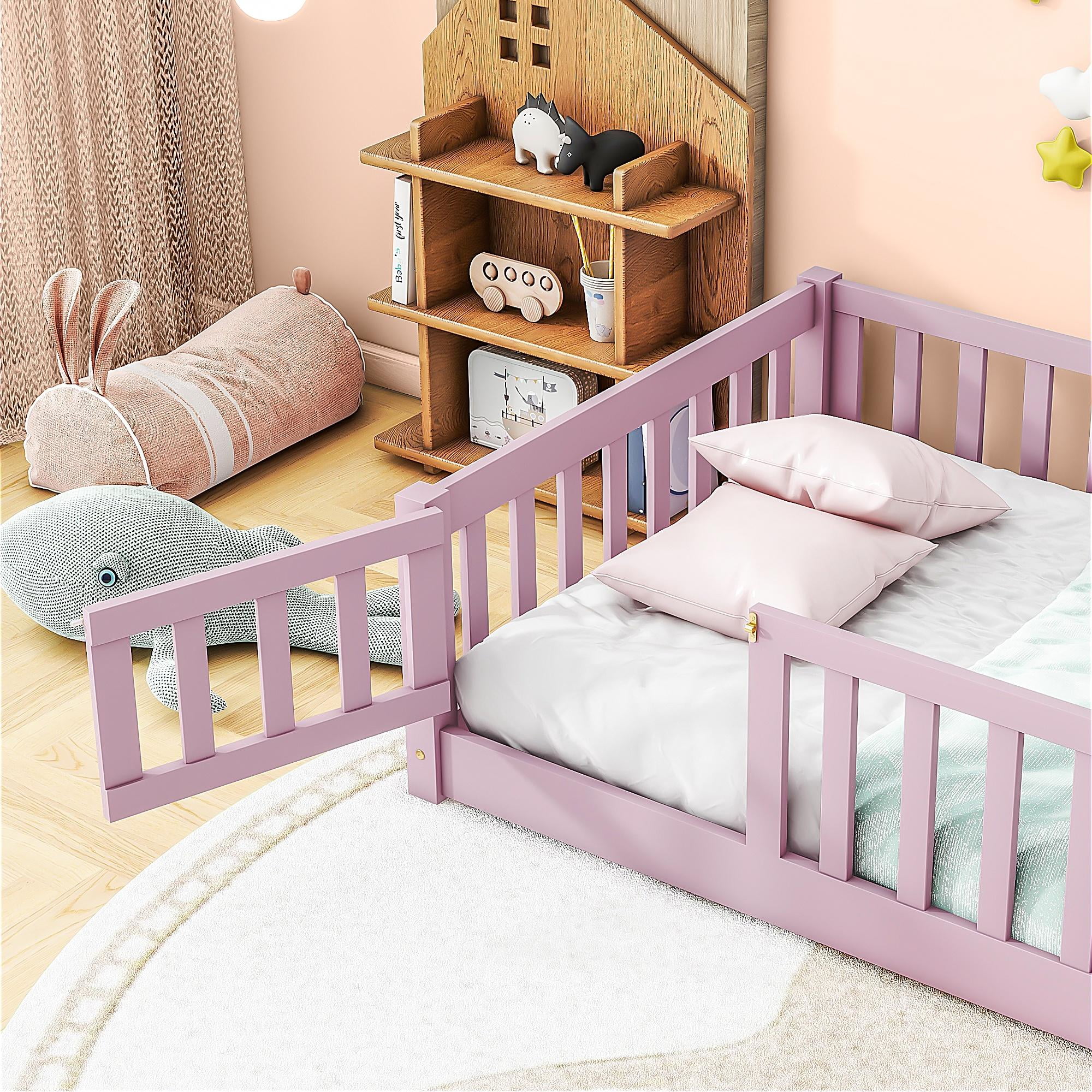 uhomepro Kids Toddler Bed with Fence and Door, Full Size Platform Bed Floor Bed, Wood Bed Frame No Box Spring Needed, Gray - Inhomebuy