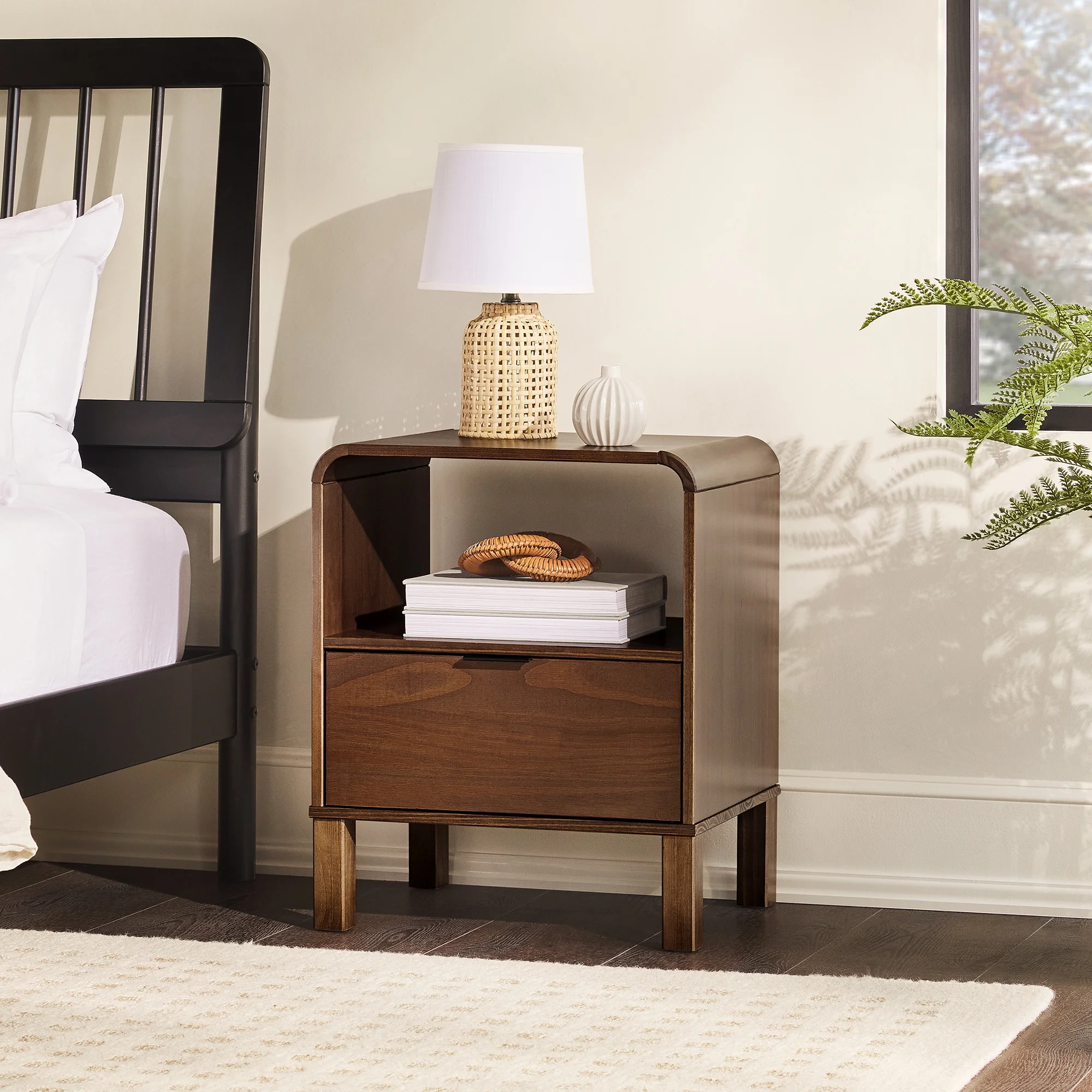 Walker Edison Modern Curved-Frame Solid Wood Nightstand, Brown - Inhomebuy