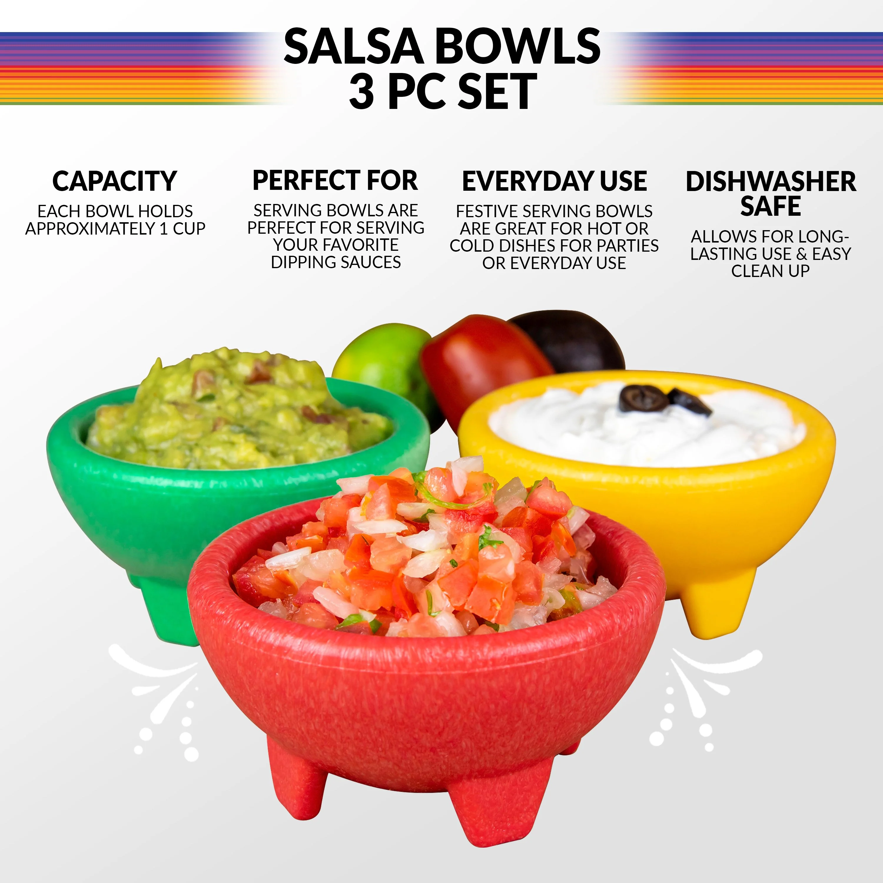 Taco Tuesday 3-Piece Salsa Bowl Set in Yellow, Green & Red - Inhomebuy