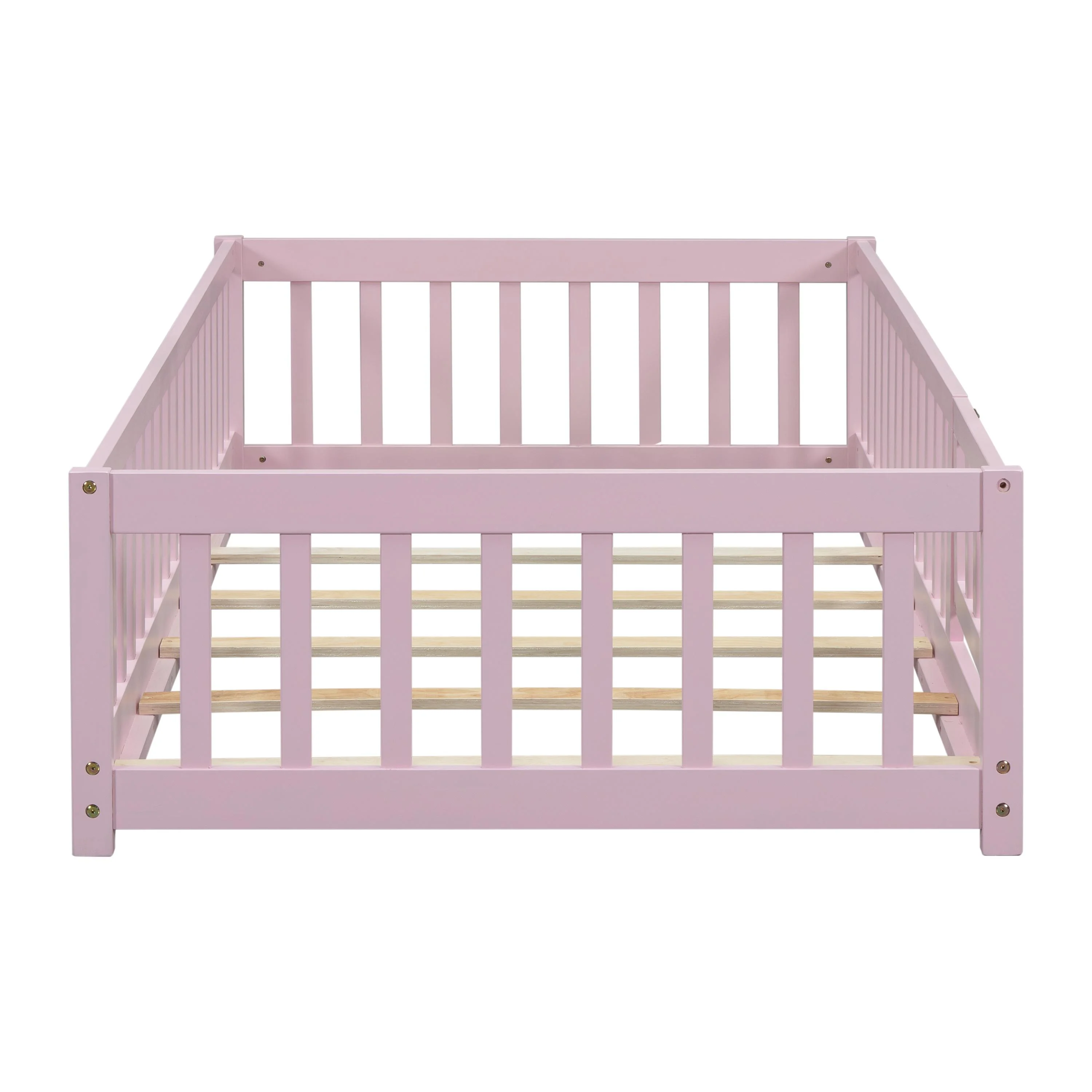 uhomepro Kids Toddler Bed with Fence and Door, Full Size Platform Bed Floor Bed, Wood Bed Frame No Box Spring Needed, Gray - Inhomebuy