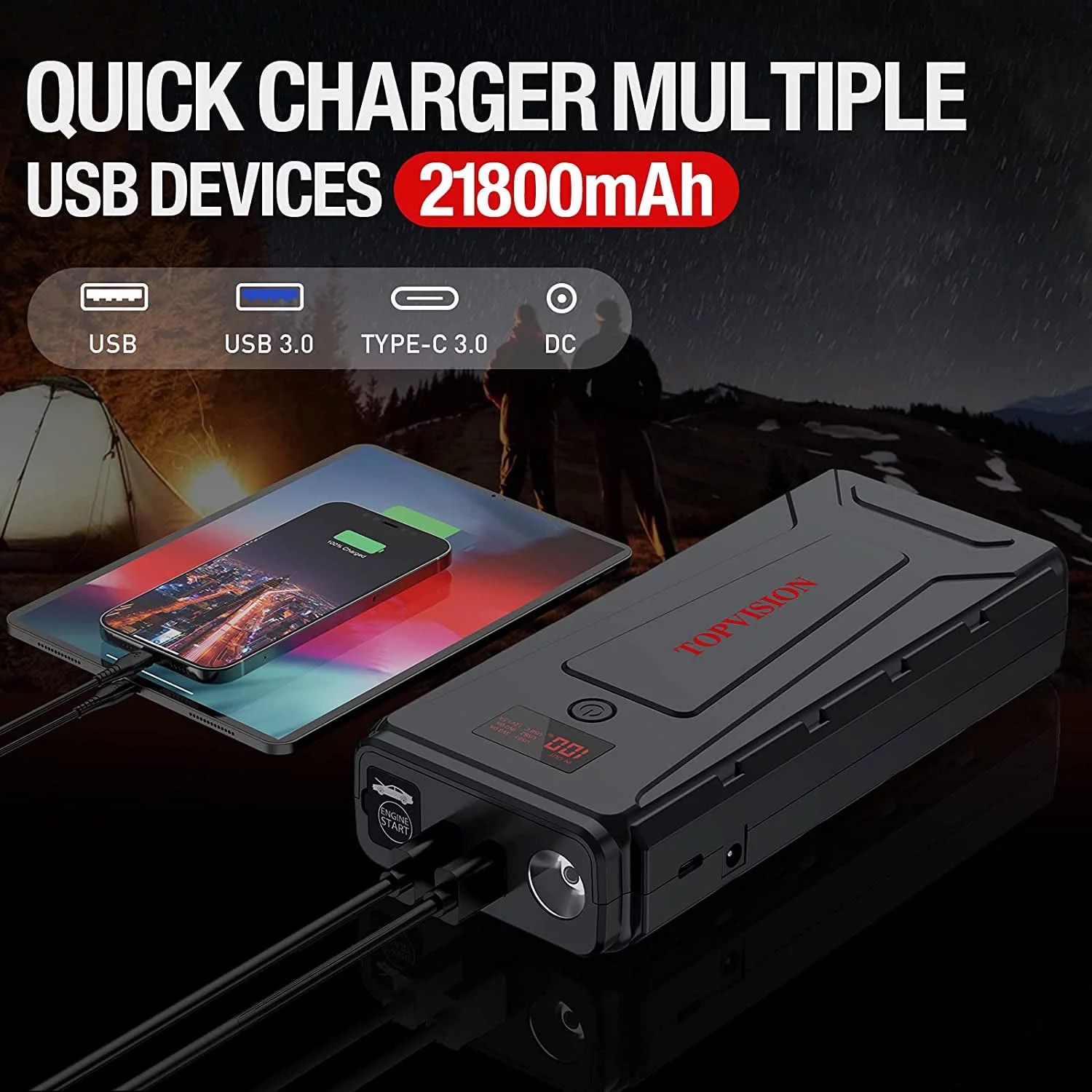 TOPVISION 2500A Car Jump starter Powerful Car Jump Starter with Dual USB Quick Charge and DC Output,12V Jump Pack with Built-in LED Bright Light - Inhomebuy