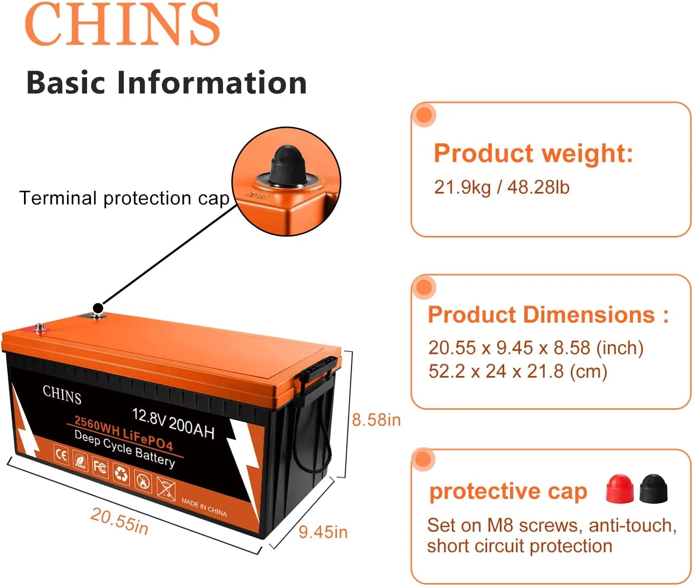 CHINS Smart LiFePO4 Lithium Iron Battery 12.8V 100Ah for Boat Fishing - Inhomebuy