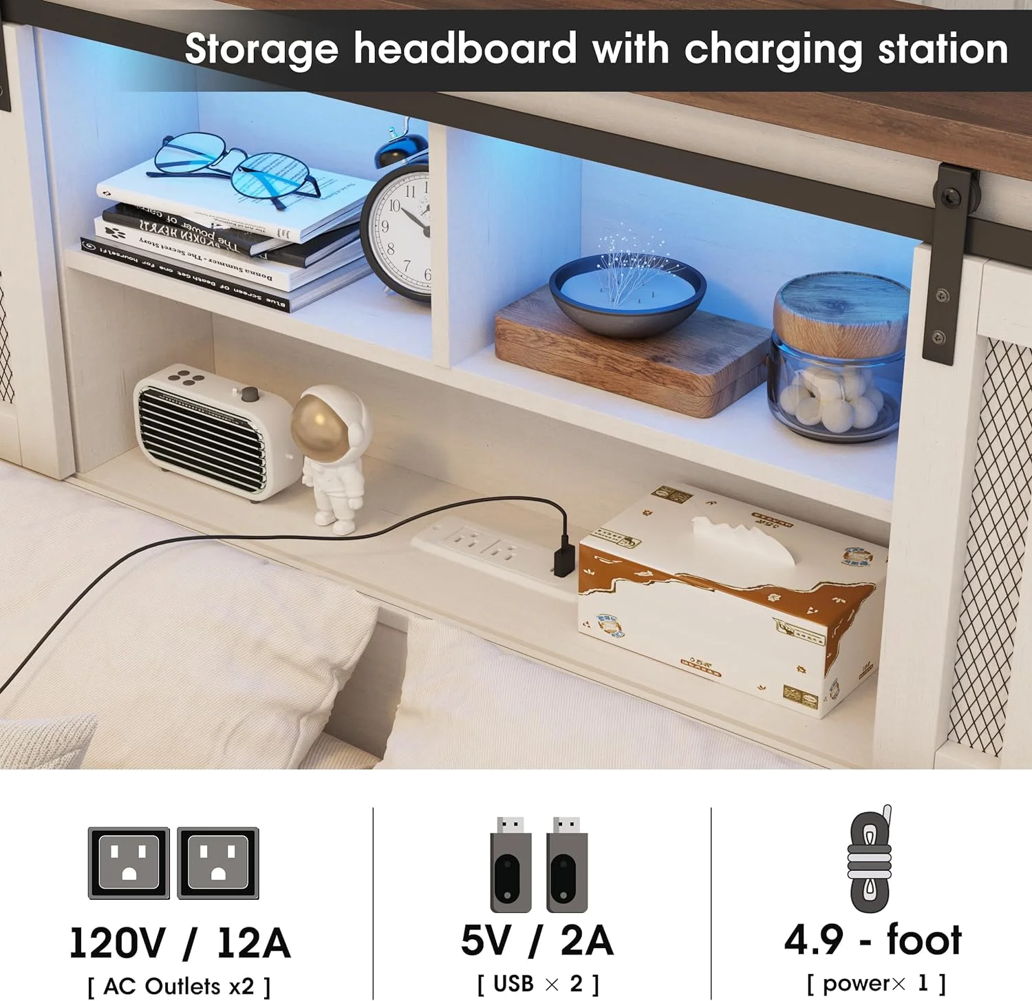 Vabches LED Queen Size Metal Bed Frame, Headboard with Charging Station and Storage, No Box Spring Needed, Farmhouse, White - Inhomebuy