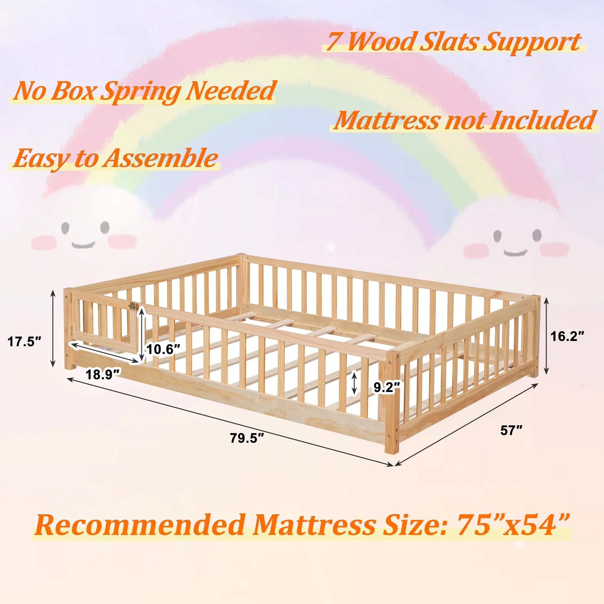 uhomepro Kids Toddler Bed with Fence and Door, Full Size Platform Bed Floor Bed, Wood Bed Frame No Box Spring Needed, Gray - Inhomebuy
