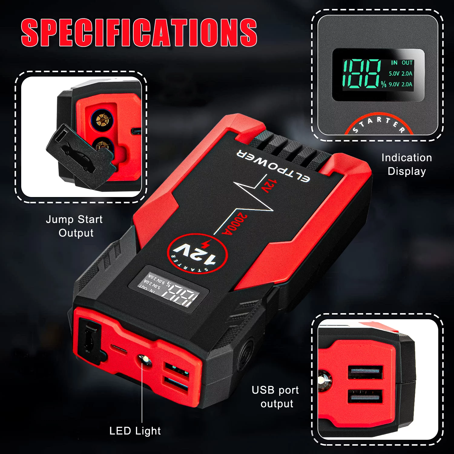 ELTPOWER 20000mAh Car Battery Jump Starter for Up to 9L Gas 7L Diesel, 2000A Peak Auto Car Jump Starter with LED and USB Quick Charge 3.0 - Inhomebuy