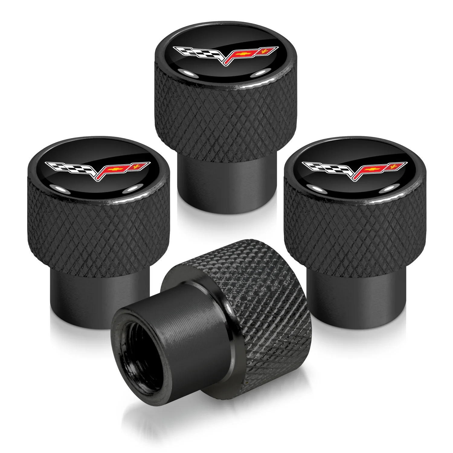 Chevrolet Corvette C6 Logo in Black on Black Aluminum Tire Valve Stem Caps - Inhomebuy
