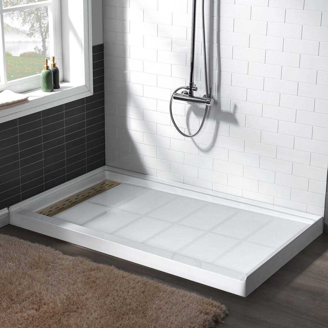WoodBridge Krasik 60 in. L x Alcove Solid Surface Shower Pan Base Drain in White Cover SBR - Inhomebuy
