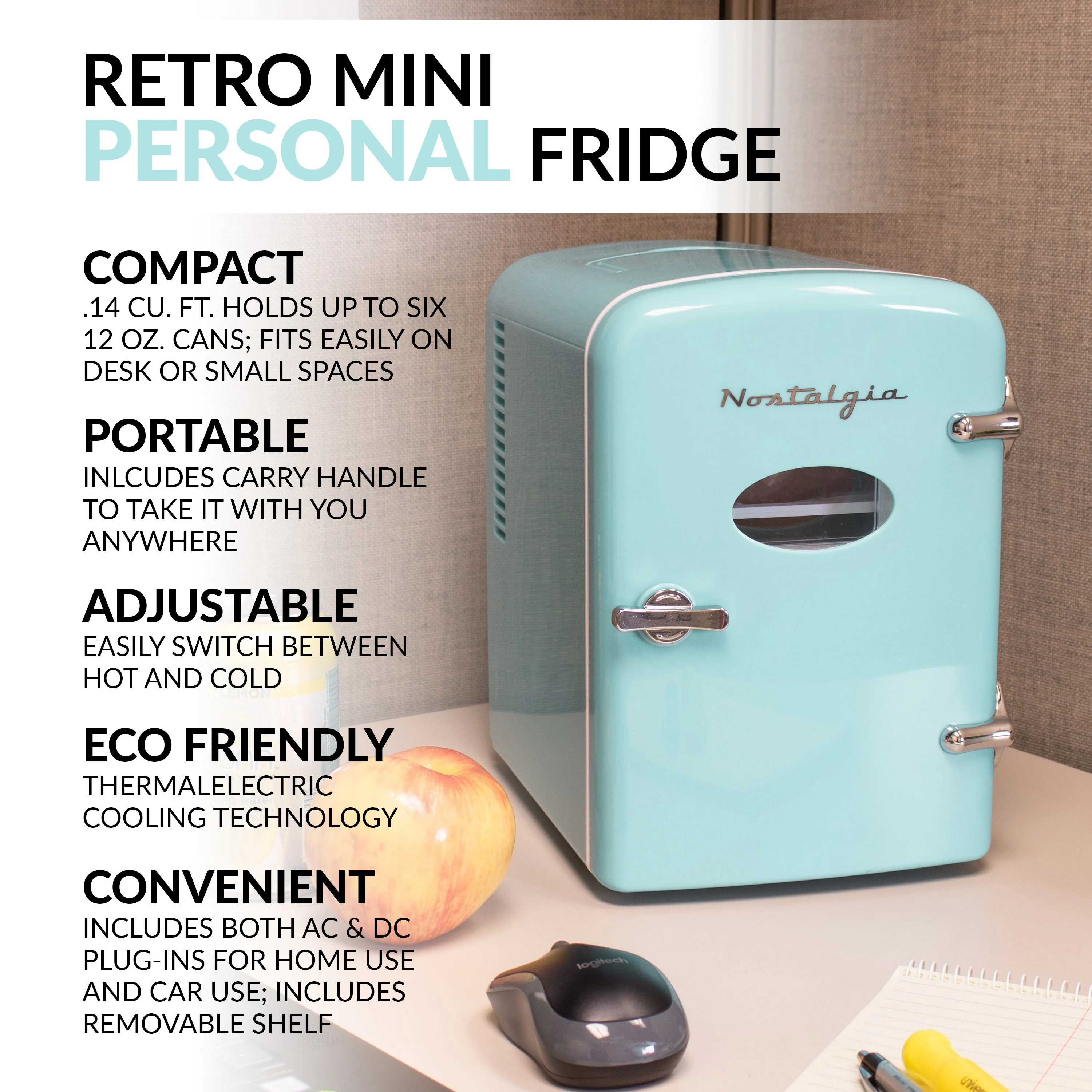 Retro 6-Can Personal Cooling and Heating Refrigerator with Display Window & Carry Handle, Aqua - Inhomebuy