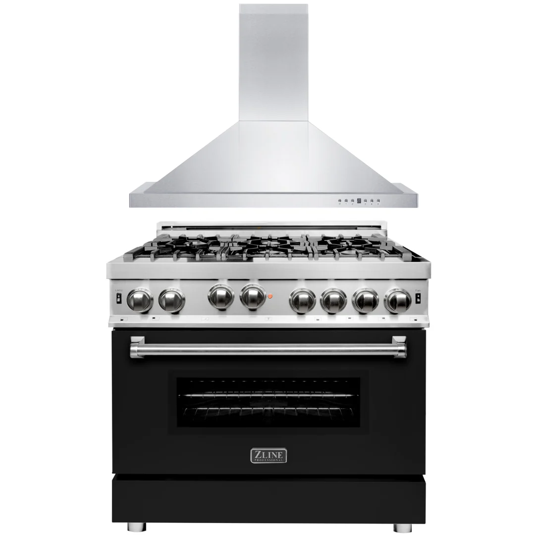 ZLINE 36 in. Gas Range with Black Matte Door & 36 in. Range Hood Appliance Package, 2KP-RGBLMRH36 - Inhomebuy