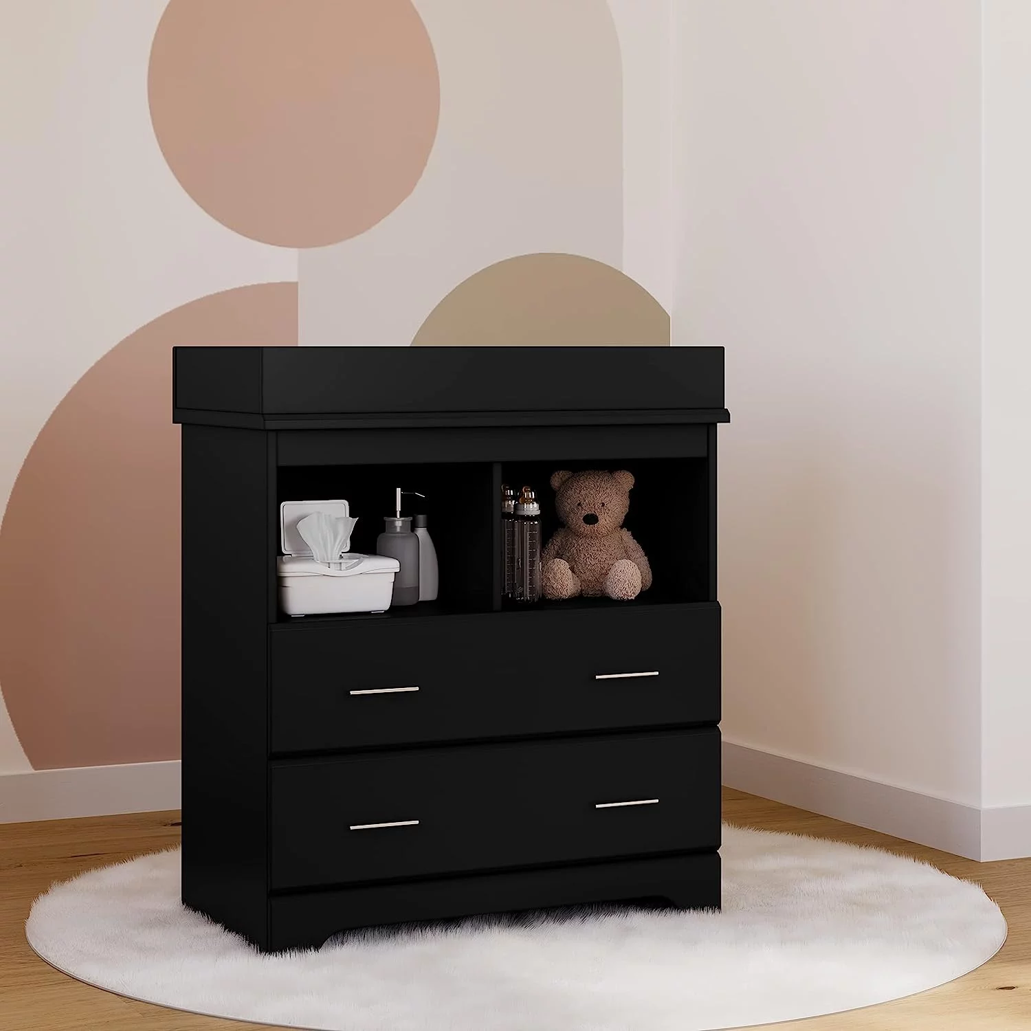 Storkcraft Brookside 2 Drawer Changing Table Dresser (Black) \u2013 Nursery Dresser Organizer with Changing Table Topper  Chest of Drawers for Bedroom with 2 Drawers  Universal Design - Inhomebuy
