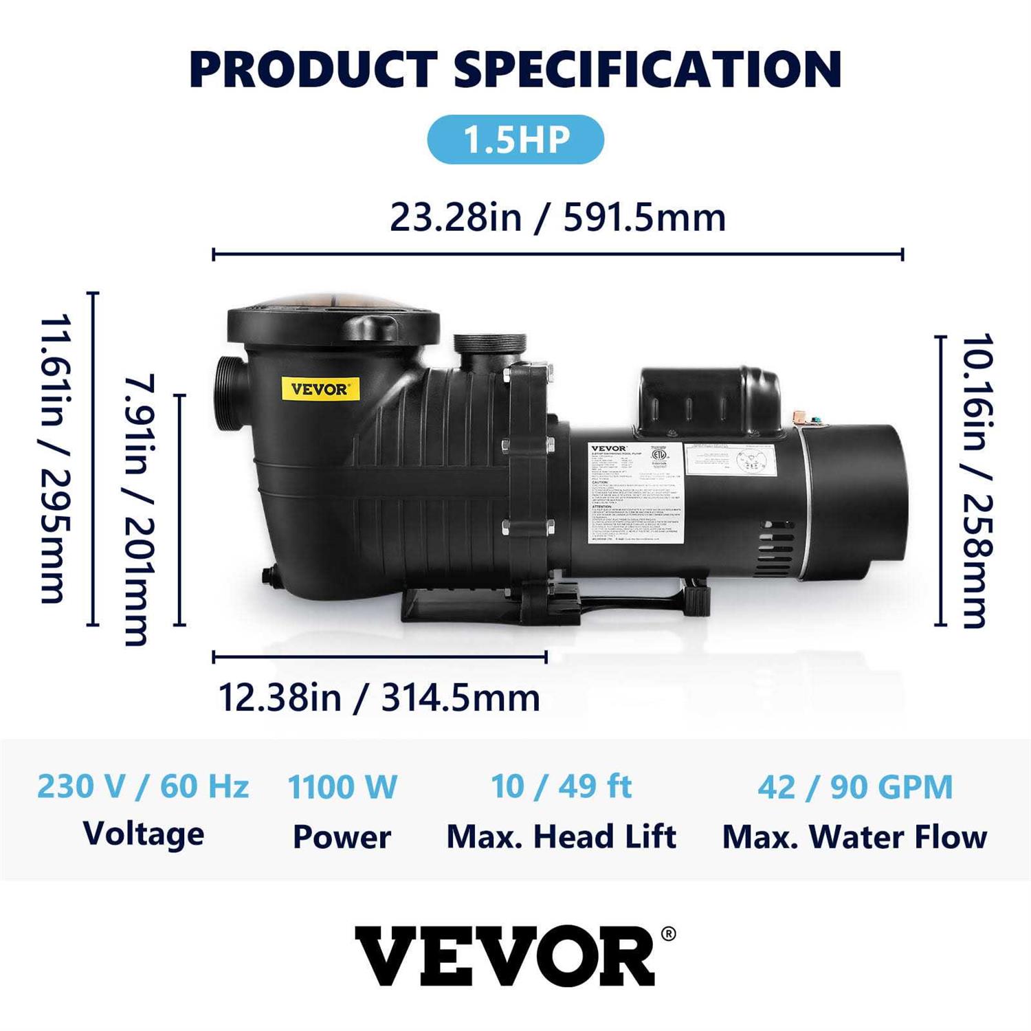 VEVOR 230V 1.5HP Pool Pump Dual Speed Pool Pump 5400GPH 1100W Powerful Self Primming SSYCBWC112HP9HJ3QV7 - Inhomebuy