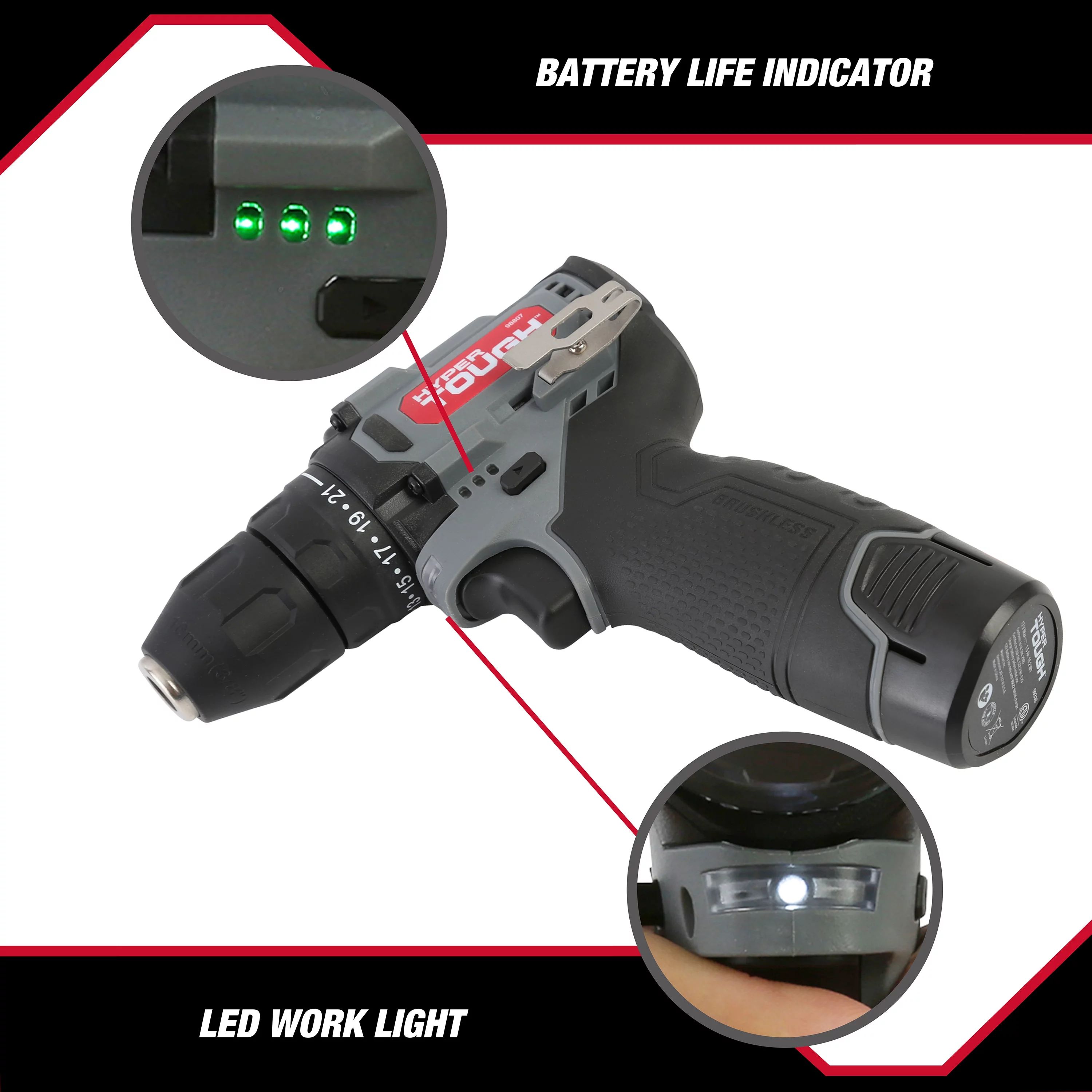 Hyper Tough 12V Max* Lithium-Ion Brushless 2-Speed 3/8-Inch Drill Driver with 1.5Ah Battery & Charger, 98807 - Inhomebuy