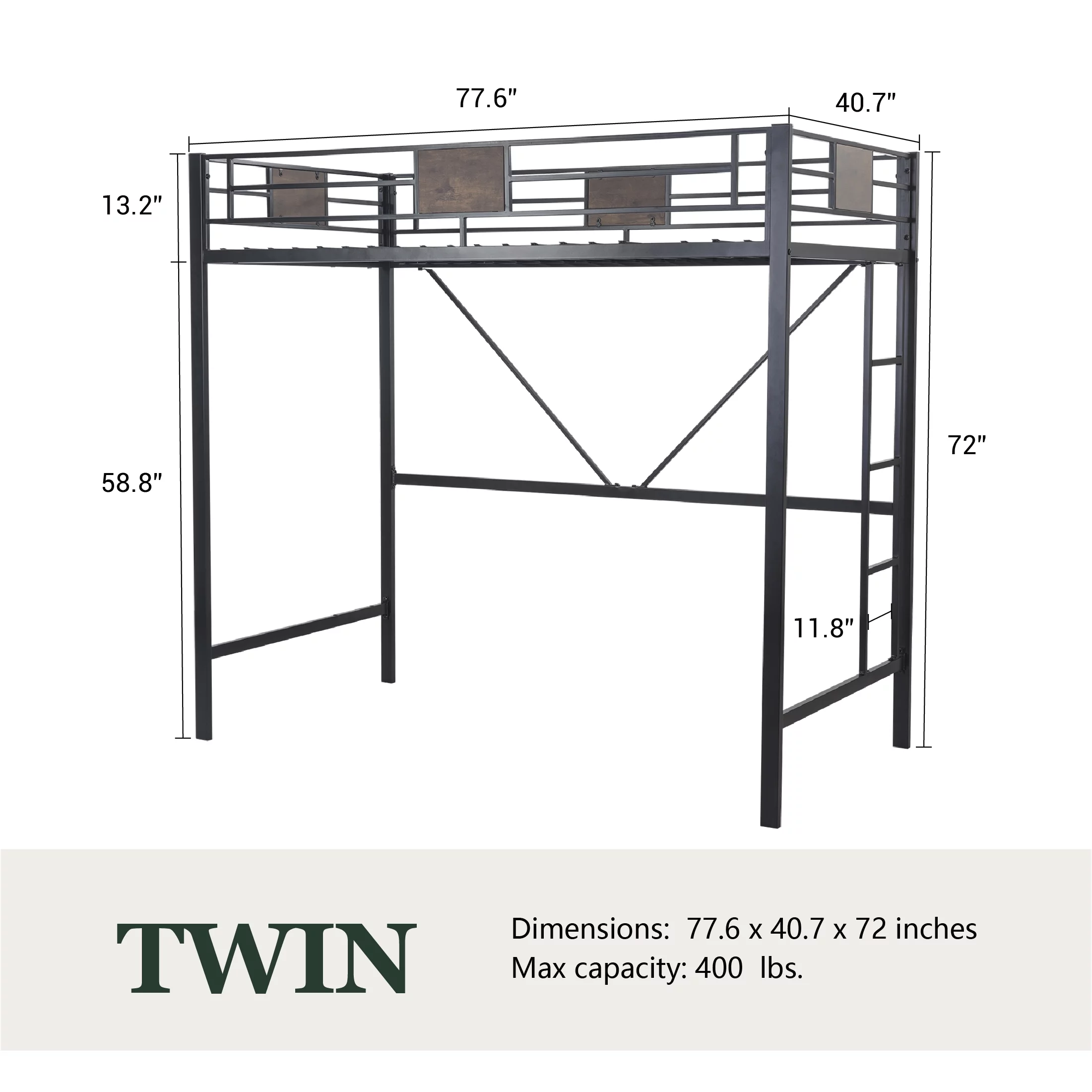 Amolife Metal Twin Size Loft Bed Frame with Stairs & Full-Length Guardrail, Rustic Wood, Black Frame (Desk not included) - Inhomebuy