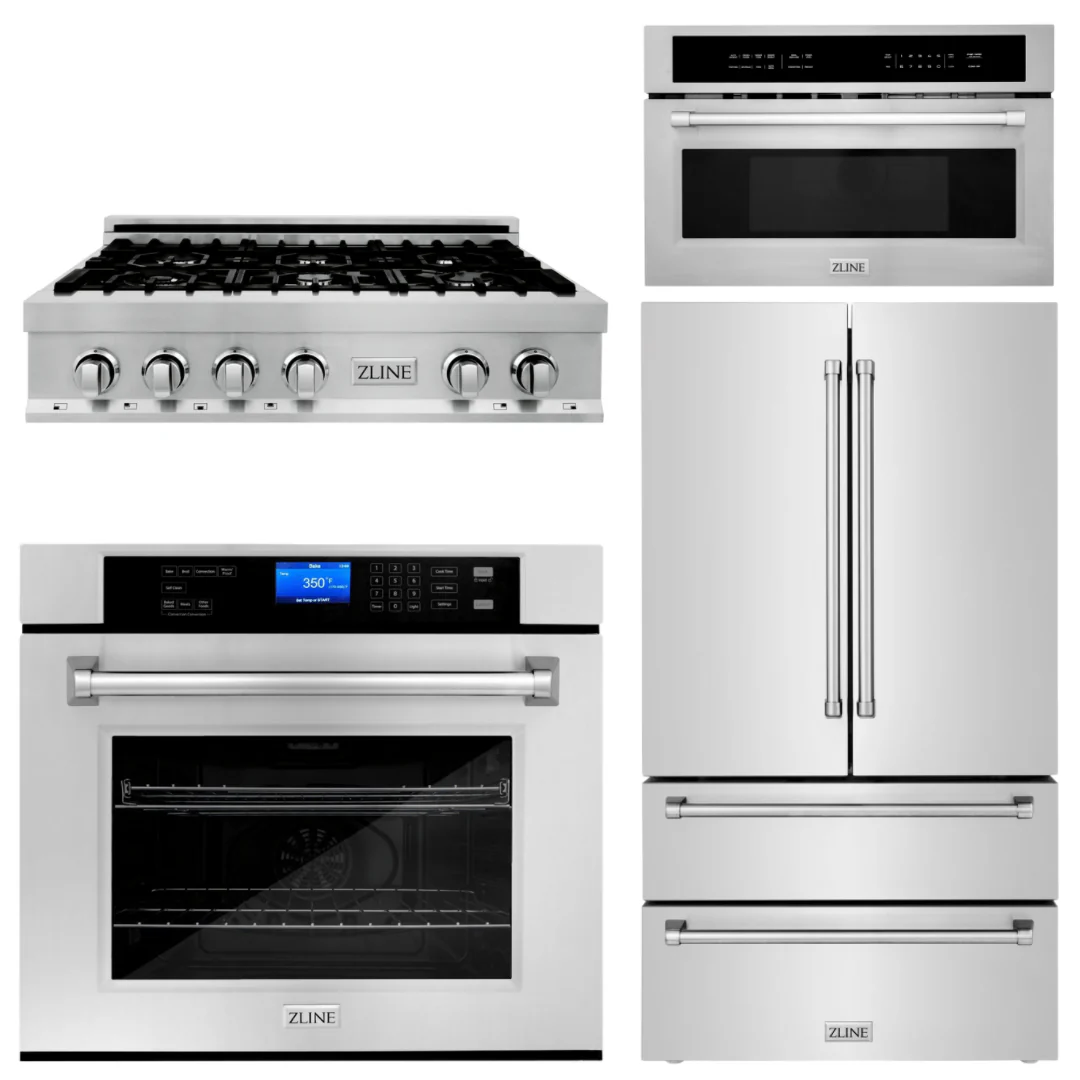 ZLINE Appliance Package - 36 In. Rangetop, 30 In. Wall Oven, Refrigerator and 30 In. Microwave Oven in Stainless Steel, 4KPR-RT36-MWAWS - Inhomebuy