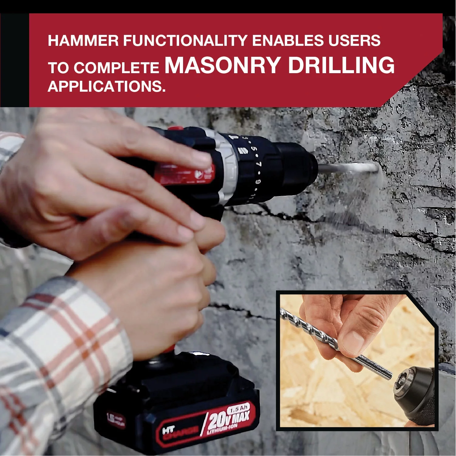 Hyper Tough 20V Max Lithium-Ion Cordless Hammer Drill, 1/2 inch Chuck, 2 Speeds with 1.5Ah Lithium-ion Battery & Charger, Bit Holder & LED Light - Inhomebuy