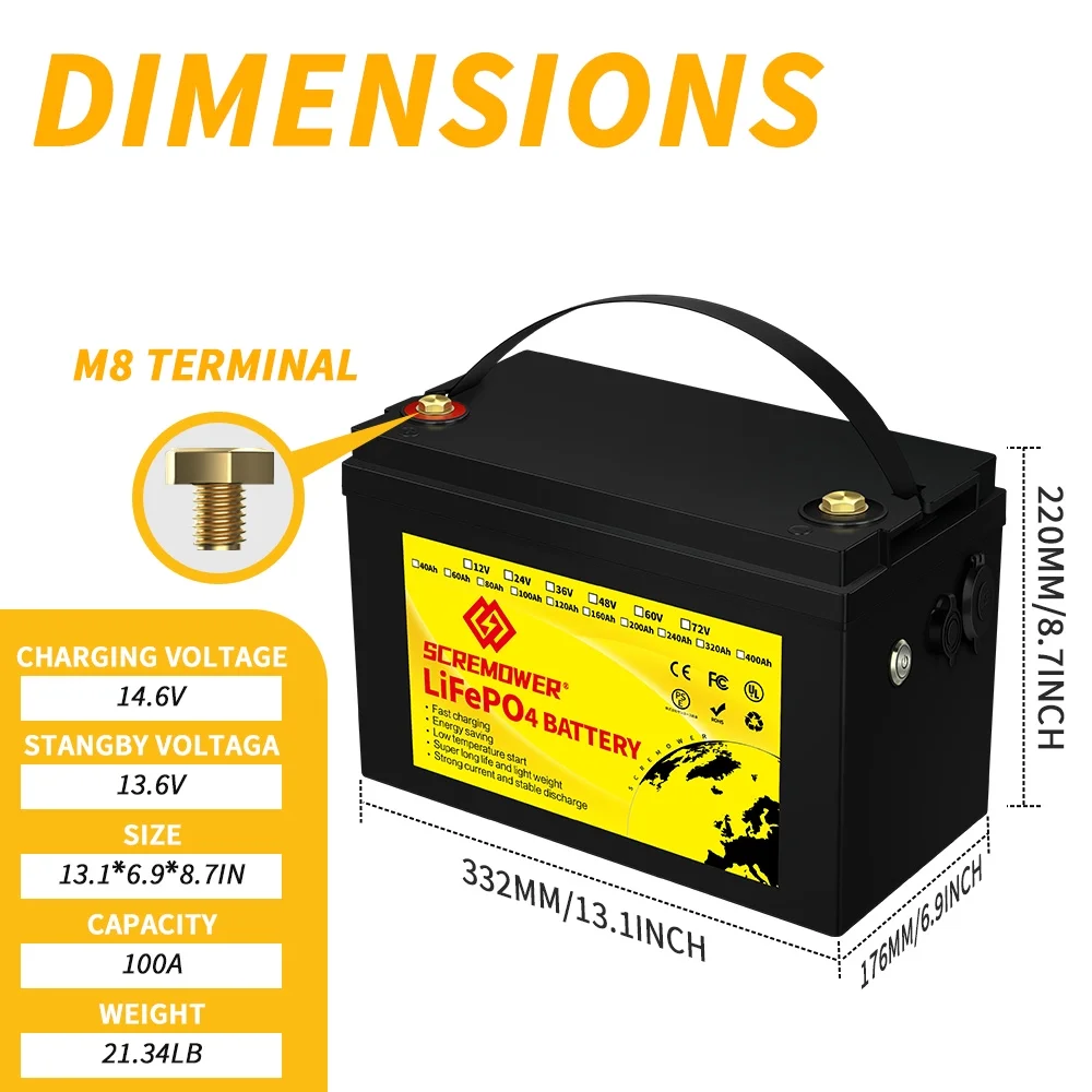 SCREMOWER LiFePO4 12V 100AH Lithium Iron Battery Built-in 100A BMS for RV, Kids Ride on Car,Golf Cart - Inhomebuy